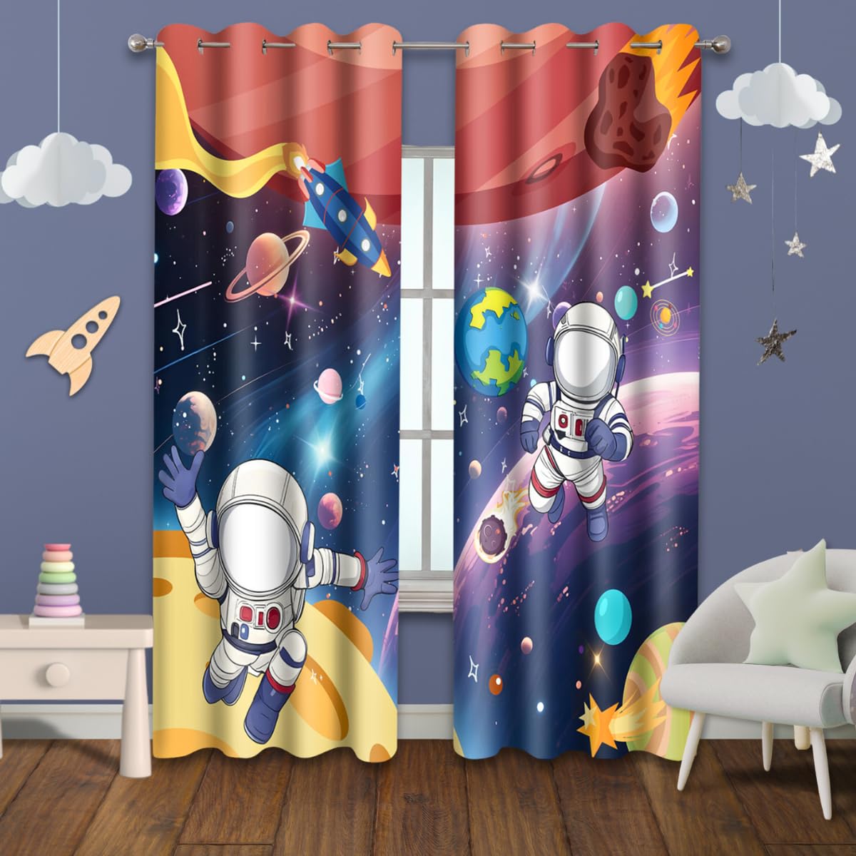 HIYSMT Astronaut Outer Space Curtains for Kids Bedroom,4284inch Universe Planet Cosmic Rocket Meteorite Fall Blackout Curtain,Cartoon Fantasy Starry Sky Drapes for Nursery Child Room 2Panel HI01DX