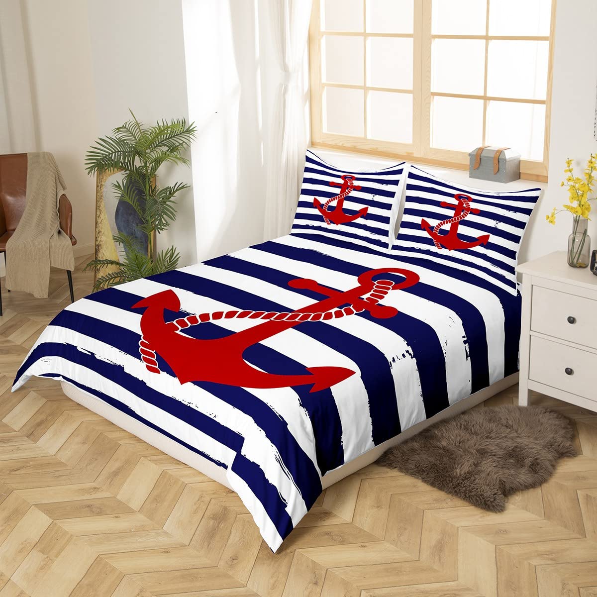 Nautical Anchor Duvet Cover Set King,Geometric Stripes Comforter Cover Ocean Adventure Theme Quilt Cover Navy Blue and Red Bedding Set 3pcs for Kids Girls Teens Boys Room Decor with 2 Pillowcases