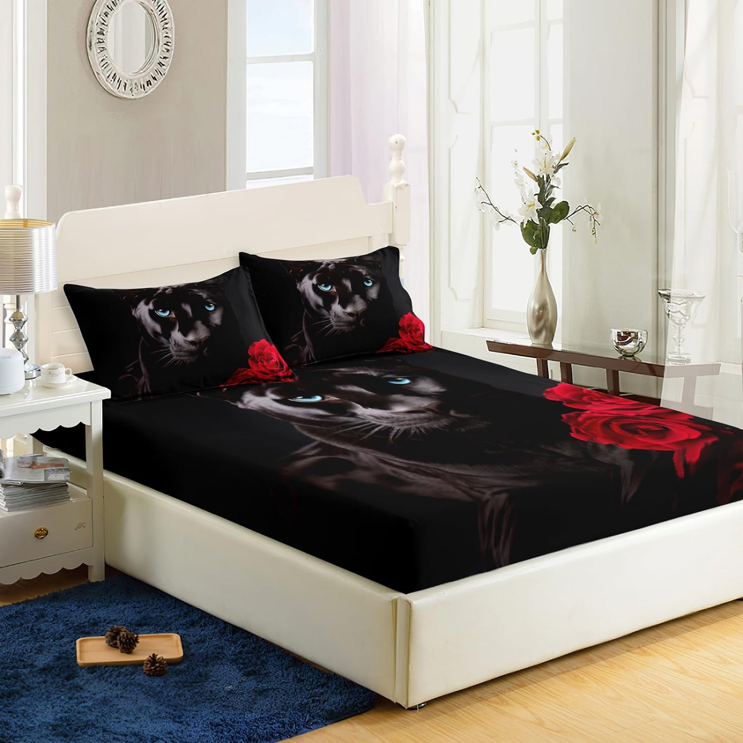 AILONEN 3D Black Panther Fitted Sheet Set Queen Size, Oil Red Rose Bedding Set for Girls Women Wedding Bedroom,Wild Animal Bedsheets Set,3 PCS, 1 Fitted Sheet 2 Pillowcases