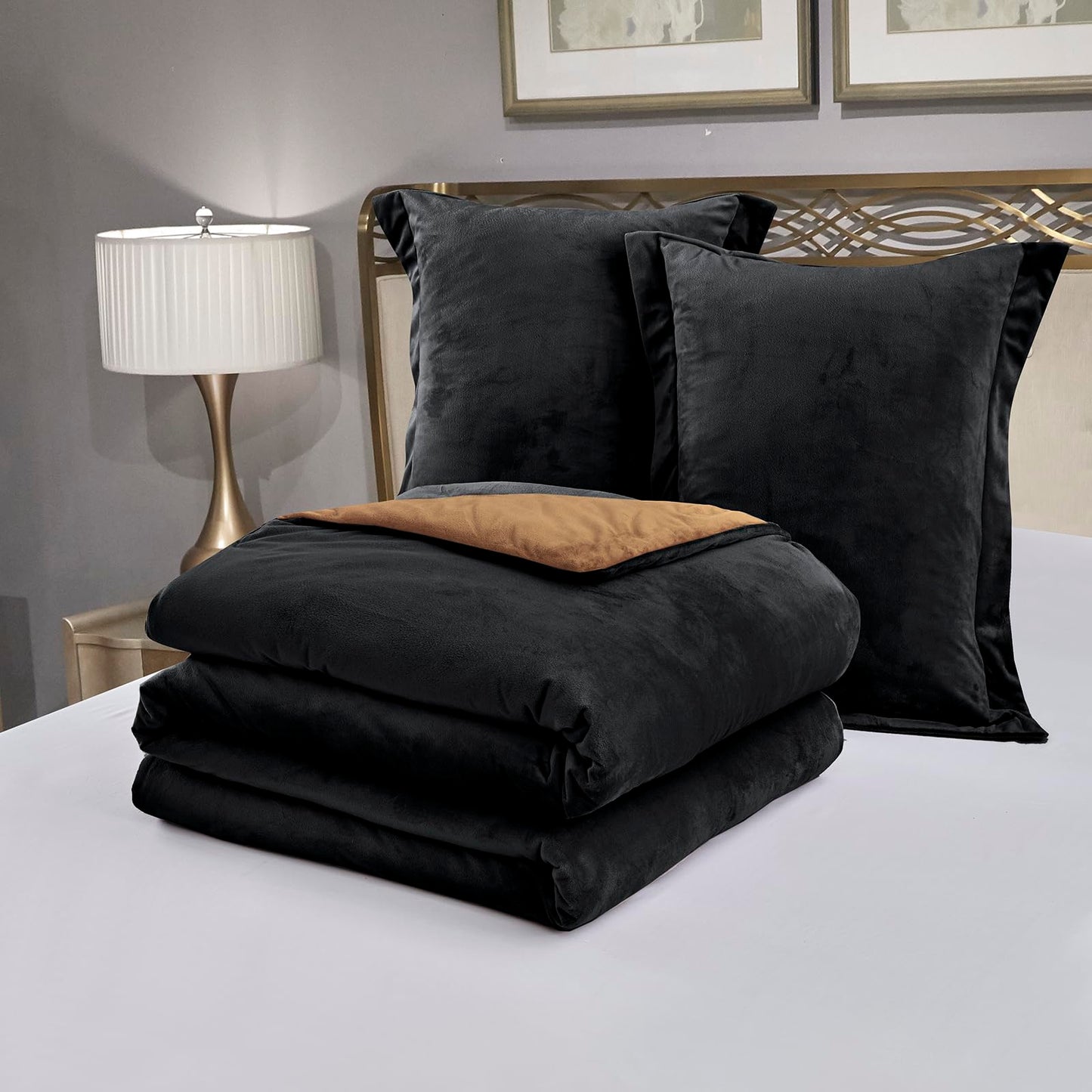 HUMESIIL Reversible Comforter Set, Poly Plush Fabric for Both Front and Reverse, with Downalternative Fill, 3 Pieces King 106"x96", Black Caramel