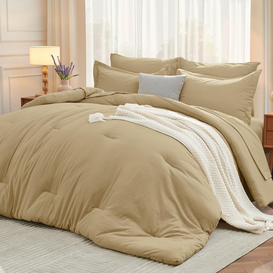 MUXHOMO 7 Pieces King Comforter Set, Soft Bed in a Bag King Size, All Season Bedding Set with Comforter, Flat Sheet, Fitted Sheet, Pillowcases & Shams, Khaki