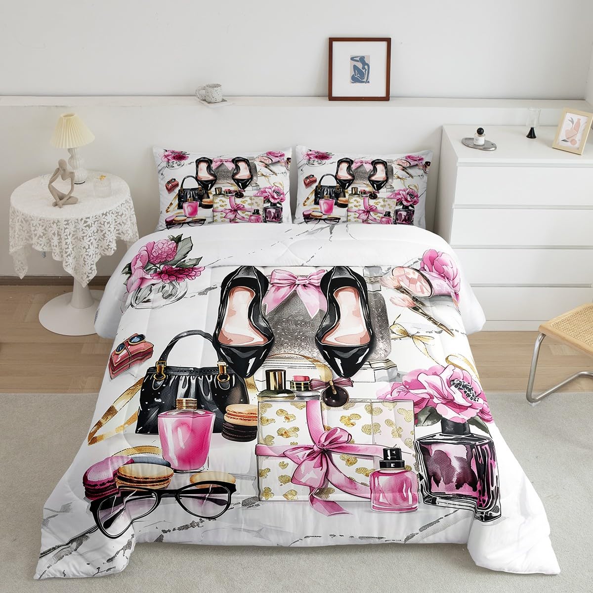 Erosebridal Pink Comforter King Size Cute Flower Girly Bedding Set Bow Coquette Sweet Bed Sets Modern Magazine Silver High Heel Girls Women Duvet Insert Preppy Makeup Romantic Fantasy Room Decor