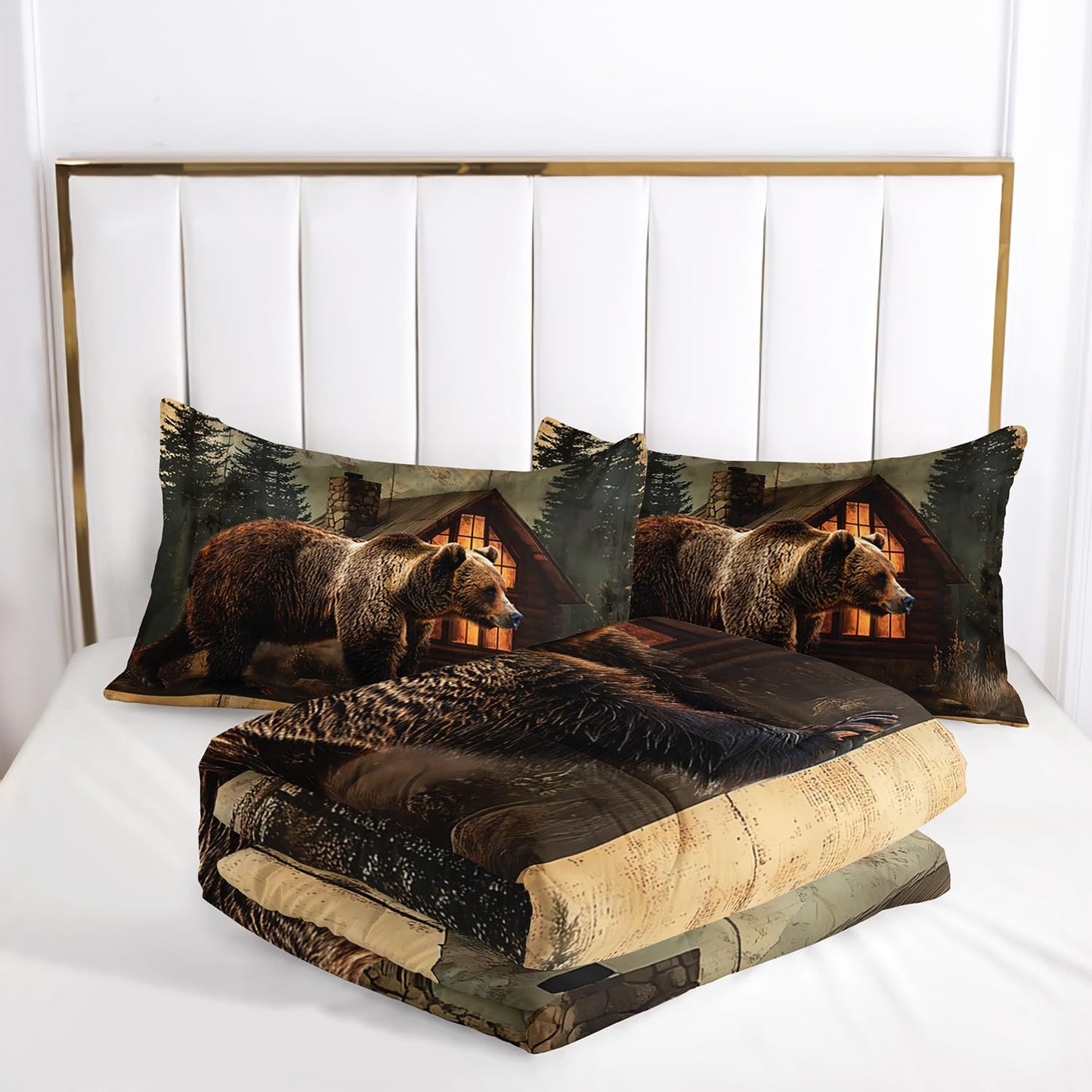 AILONEN Boys Rustic Bear Bedding Set Queen Size,Wildlife Hunting Comforter with 2 Pillowcases,3-Piece Bear Paw Printed Soft Duvet Set