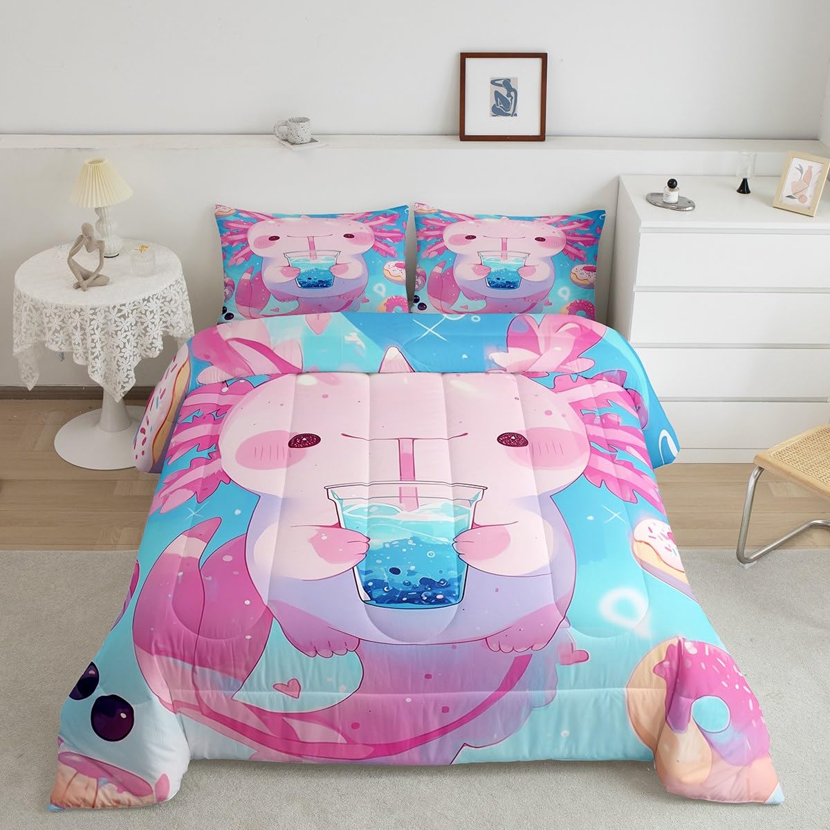 Erosebridal Kawaii Axolotl Bedding Set Queen,Pink Dessert Donut Comforter Set for Kids Girls Boys,Boba Tea Quilt Bed Set Funny Animal Bedding Comforter Sets with 2 Pillowcases Room Decor