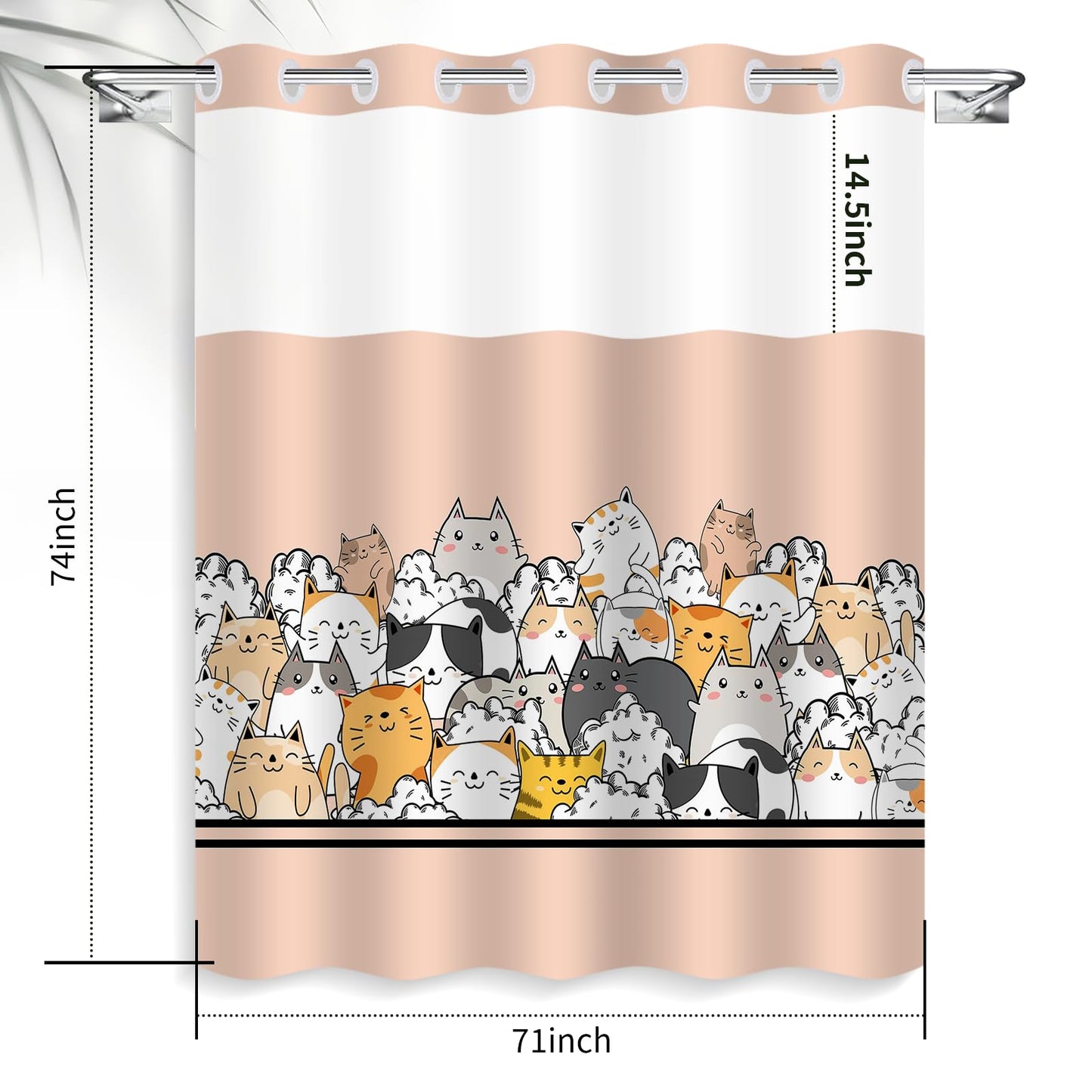 Mowxune Cat Shower Curtain for Kids, Cartoon Animal Shower Curtain with Snap in Liner Set Double-Layer Hookless Shower Curtain for Bathroom Orange Pink 71x74inch