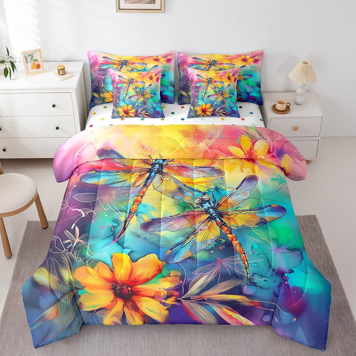 Erosebridal Tie Dye Drangonfly Bedding Set 7Pcs,Oil Painting Petal Floral Comforter Set Queen,Rustic Farmhouse Style Quilt,Aesthetic Watercolor Bed in a Bag