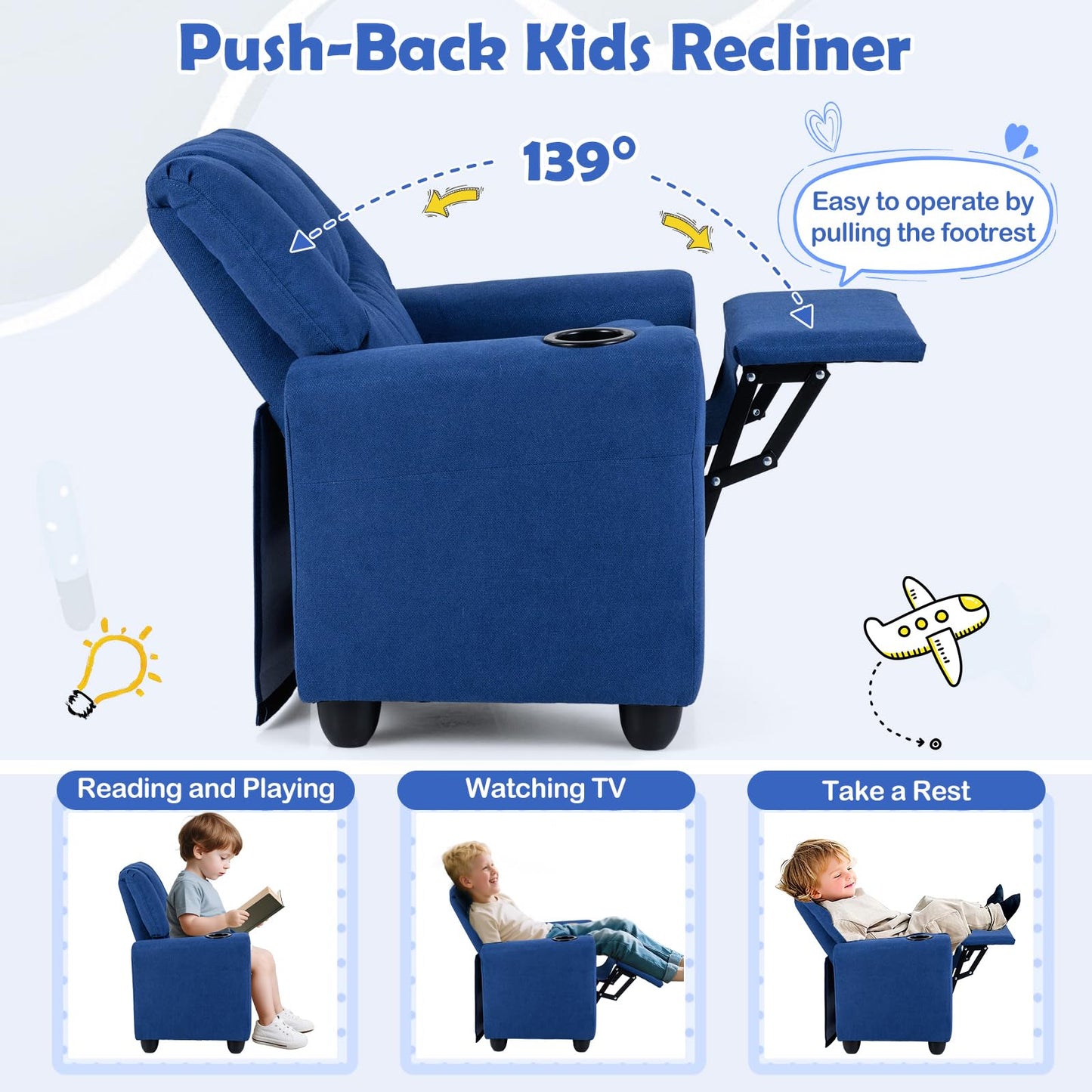 Costzon Kids Recliner Chair with Cup Holder, Toddler Adjustable Lounge Chair w/Footrest for Boys Girls Room, Ergonomic Baby Child Furniture Sofa for Age 3+ Gifts, Kids Mini Recliner up to 150 lbs