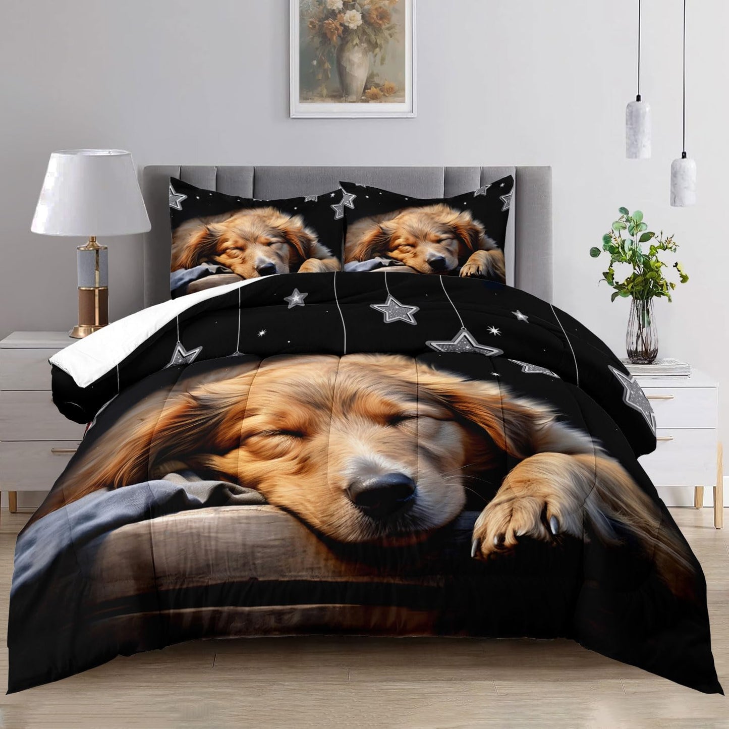 Raphus Cucullatus Dog Print Comforter Set Twin, Puppy Dog Pals Bedding Set, Animal Print Black Comforter, Kawaii Bedding Sets for Girls, Cute Comforter Sets for Twin Size Bed