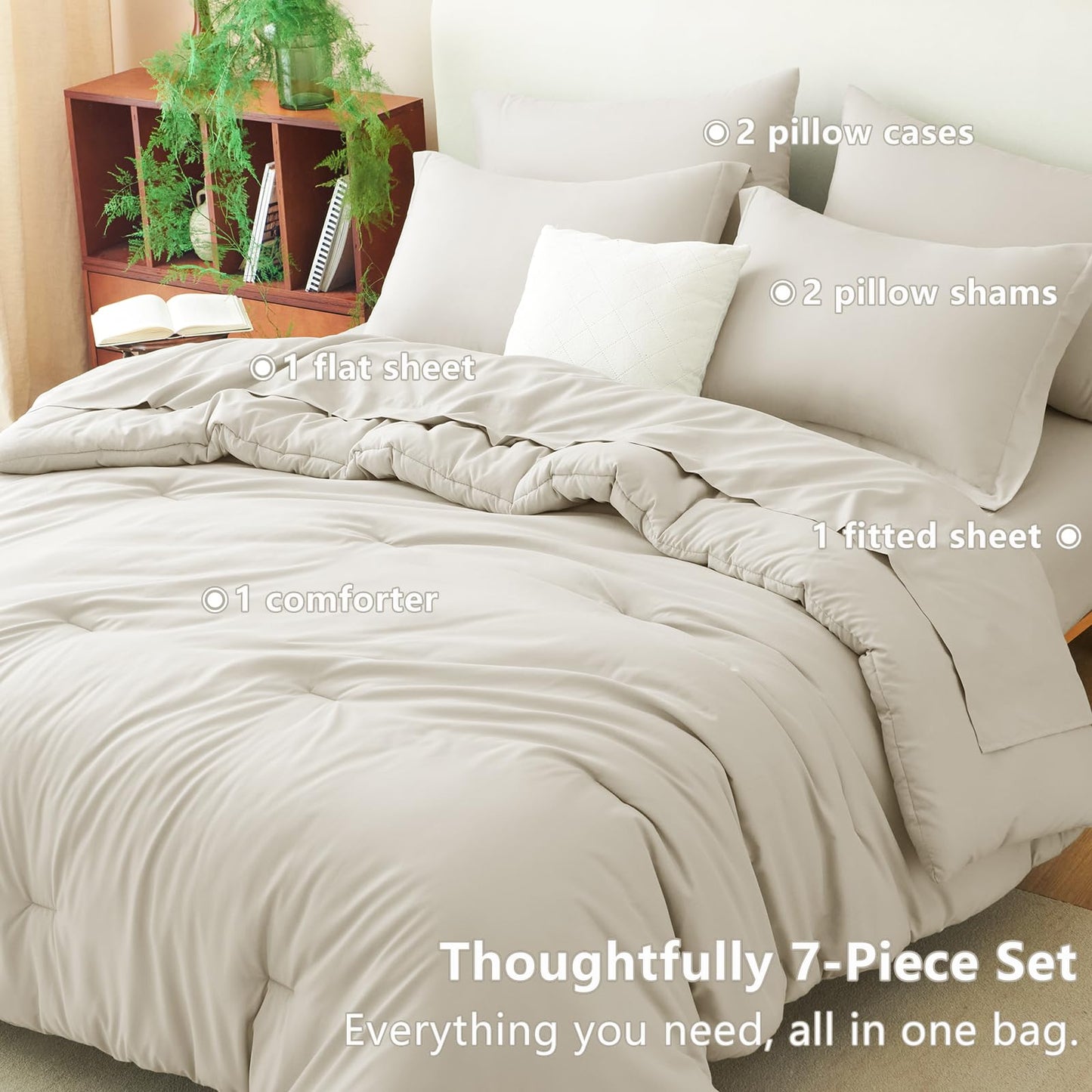 CozyLux Queen Comforter Set Beige, 7 Pieces Bed in a Bag Queen Comforter Set with Sheets, Luxury Soft Bedding Sets with Down Alternative Comforter, Fitted Sheet, Flat Sheet, Pillowcases & Shams