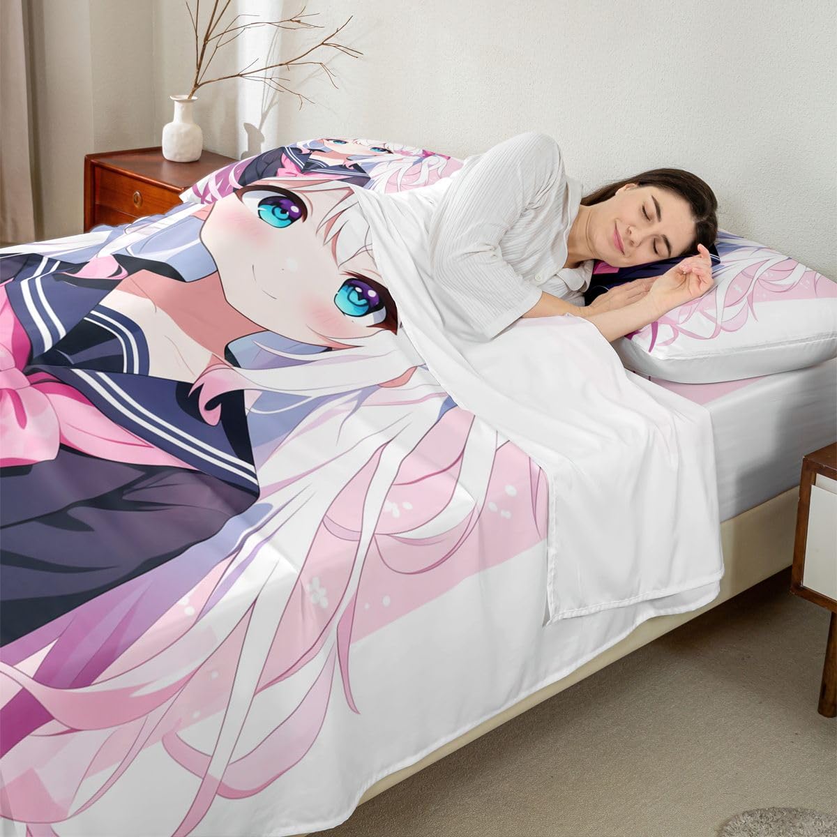 Erosebridal Kawaii Japanese Girl Sheets Cartoon Anime Bedding Set Twin for Kids Boys Girls 3D Japanese Style Bed Sheets Set Sailor Suit Uniform Girl Design Fitted Sheet + Top Sheet + 1 Pillowcase