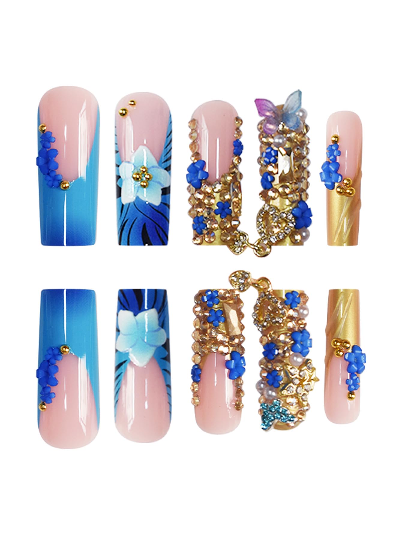 SEENEEY Press on Nails Square Long Fake Nails Blue Extra Long Nail Press Ons with Flowers Designs Artificial Stick on Nail for Women 24pcs