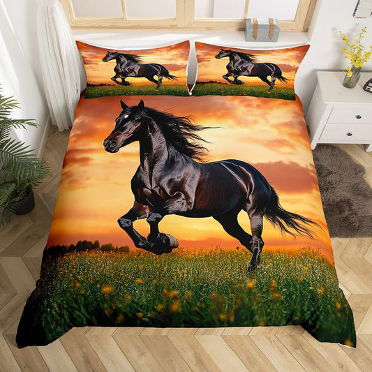 Wild Horses Duvet Cover King Size Black Horse Teens Comforter Cover Animal Pattern Bedding Horse Printed Decor Quilt Cover for Adult Kids Cowboy Unique Exotic Style Bedspread Cover Sunset Duvet Covr