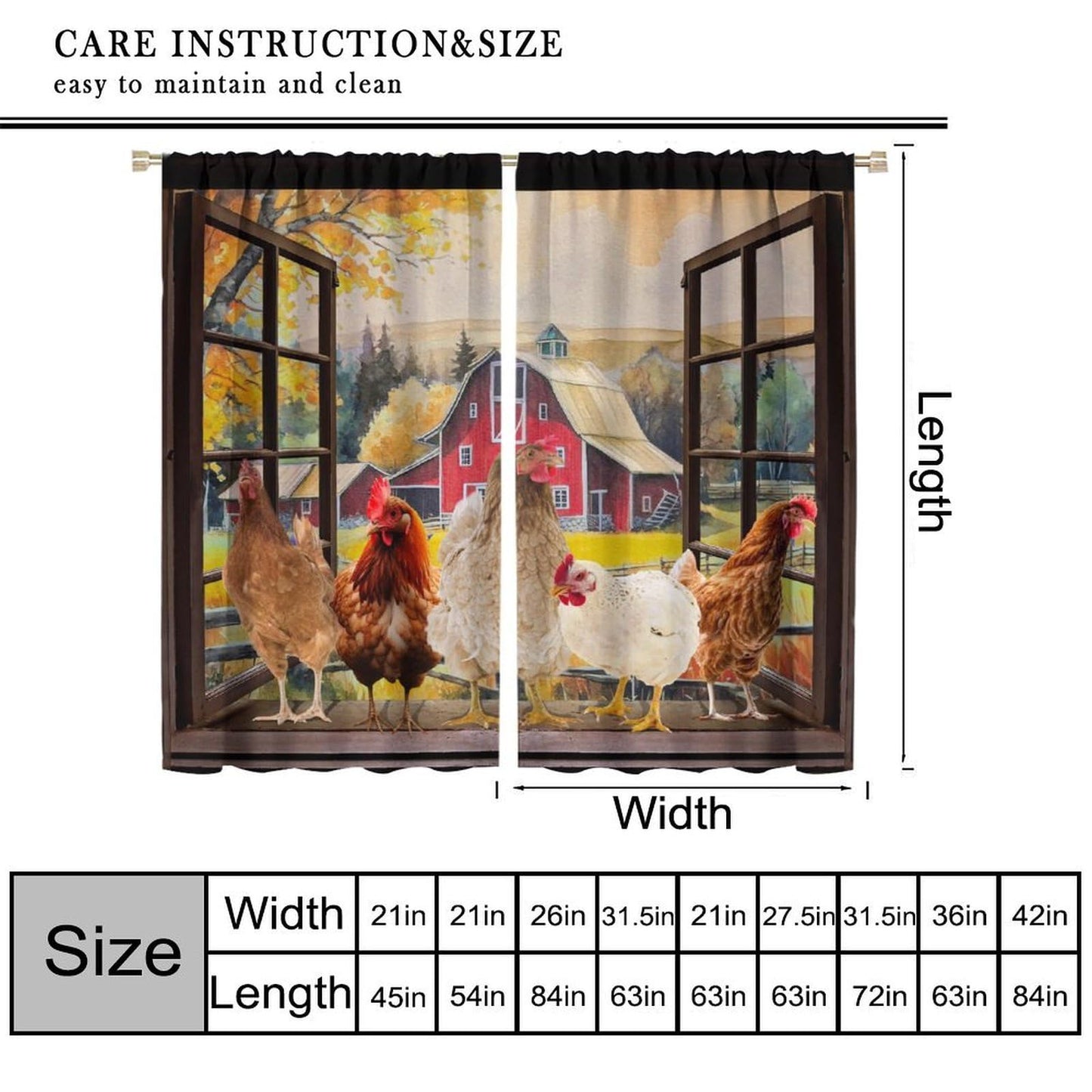 YCness Rooster Kitchen Window Curtains, Farmhouse Country Farm Animal Rustic Chicken Pattern Printed Blackout Small Short Window Drapery Treatments for Living Room Dining Room 2 Panels, 42x45 Inch