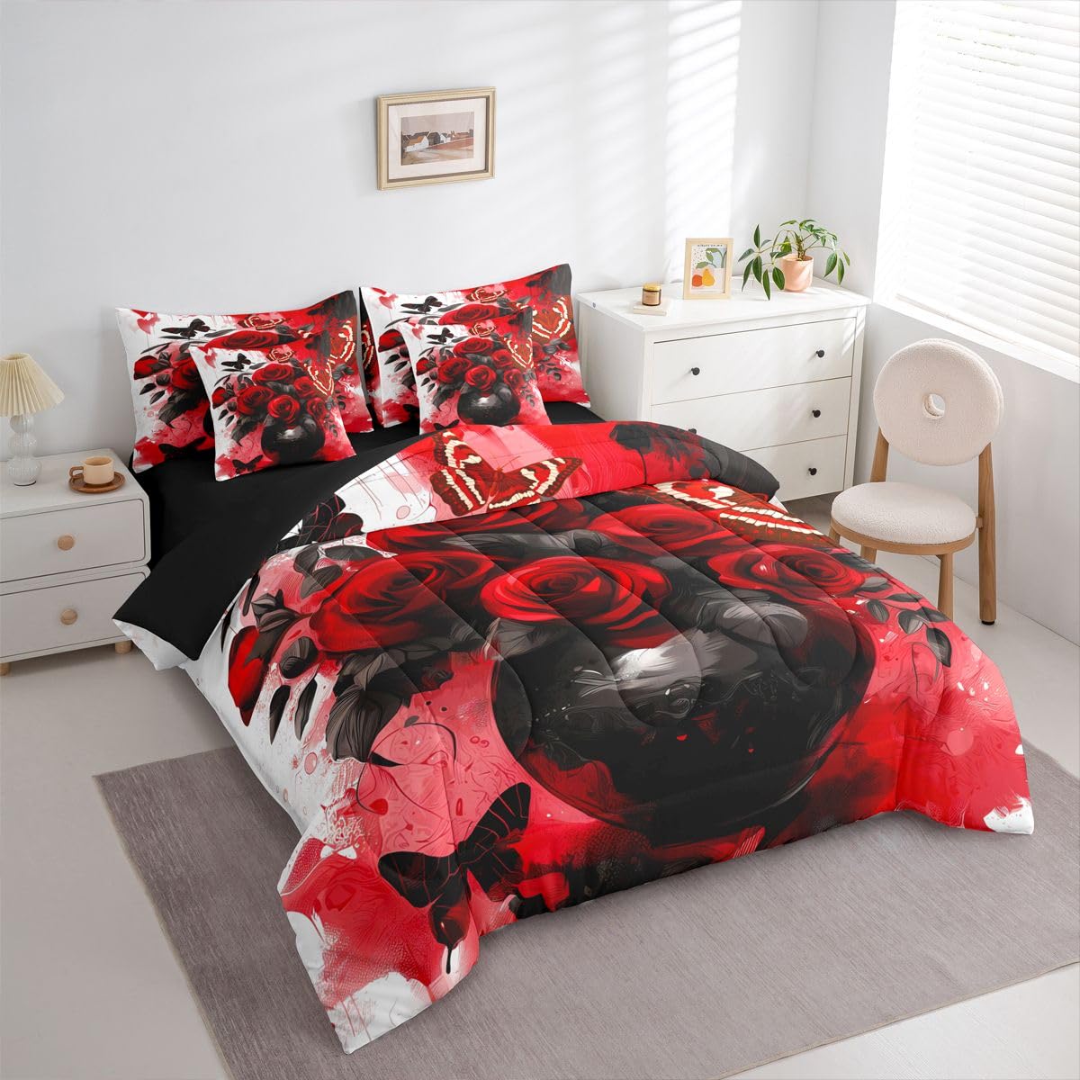 Erosebridal Red Rose Queen Comforter Set with Sheets 7 Piece Grey Retro Couple Rose Bed in A Bag Valentine Day Gift Bedding Sets for Women Men Adults,Romantic Floral Butterfly Bed Set