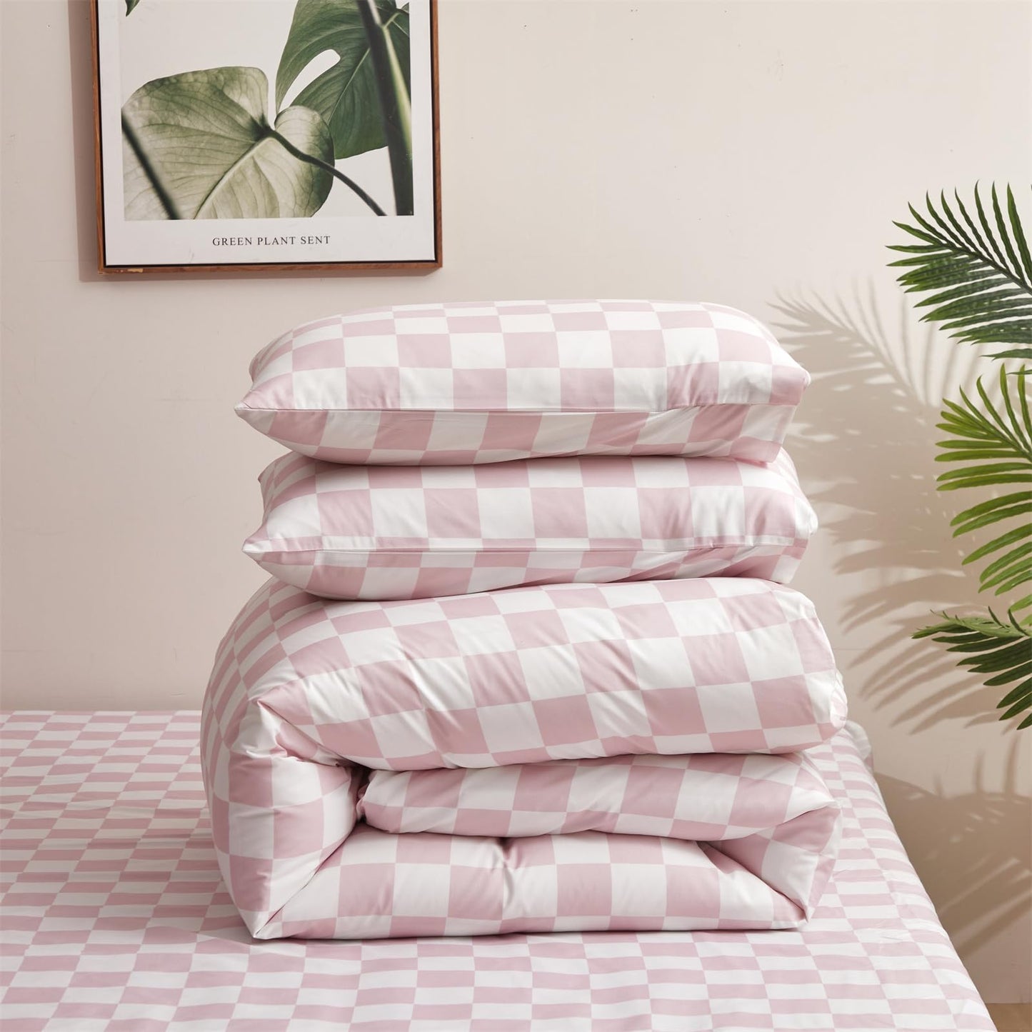 KAREVER Pink Grid Comforter Full Pink Plaid Bedding Set Girls Pink White Checkered Bed Comforter Set Breathable Blanket Set Kids Durable Bedding Comforter Set