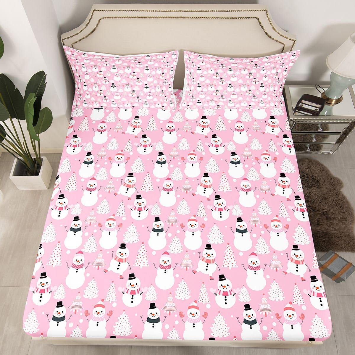 Erosebridal Kawaii Bedding Sets Twin Cute Cartoon Snowman Fitted Sheet for Kids Child Girls Pastel Pink Merry Christmas Tree Bed Sheets Snowflake Bedding Decor Set Xmas Decorations