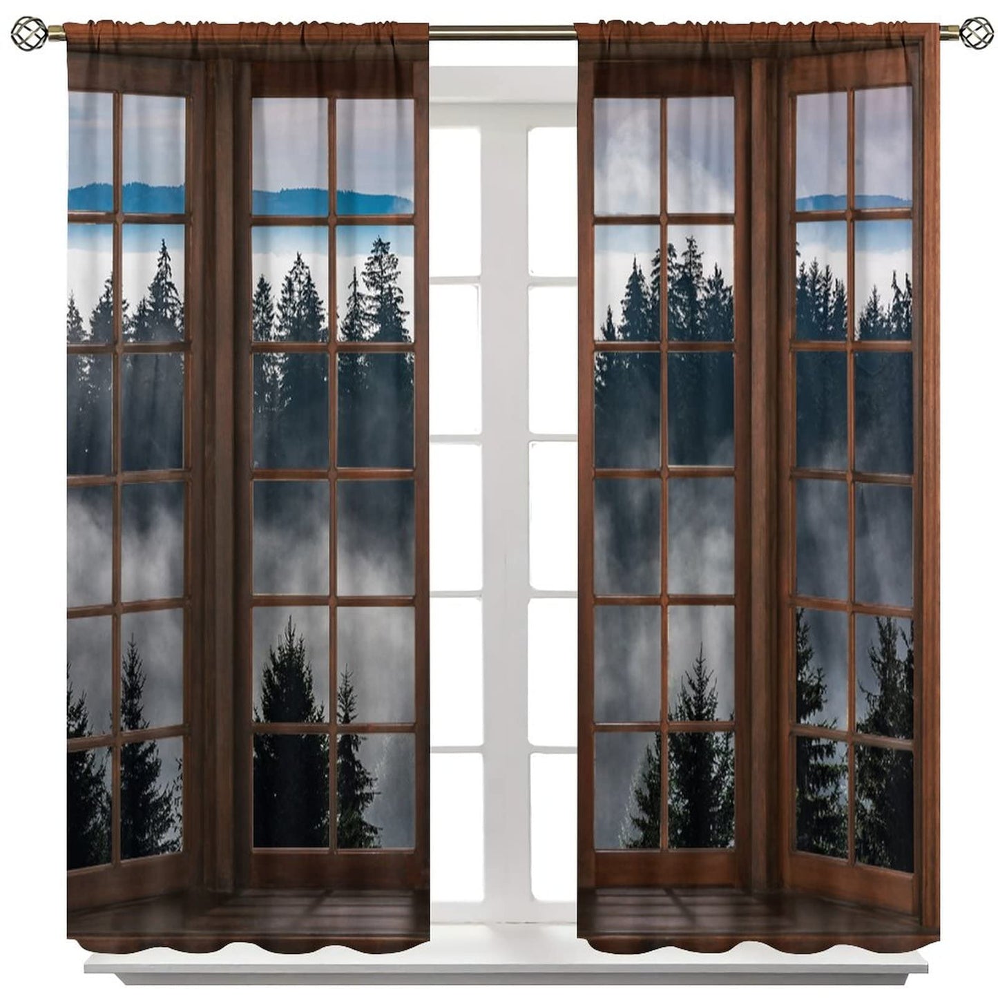 Misty Forest Landscape Curtains, Wooden Window Forest Mountain Rustic Bedroom Living Room Kitchen Blackout Curtains 42x45 Inch