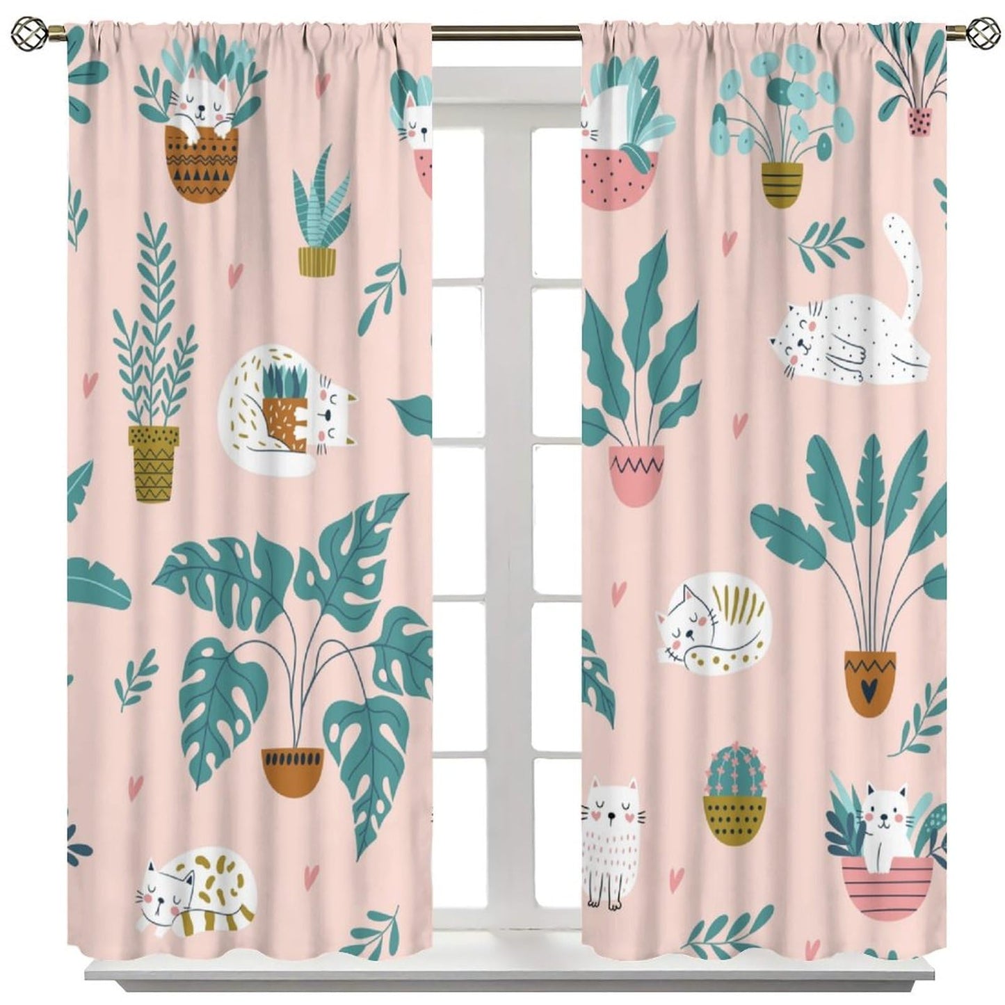 JADERYS Cat Blackout Curtains Cute Cartoon Animal Cat Green Plant Potted Pink Art Print for Girls Boys Women Bedroom Living Room Rod Pocket Decoration Window Drapes 2 Panels W21xL45in