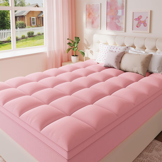 ELEMUSE Pink Queen Mattress Topper for Bed, Extra Thick Pillow Top Mattress Pad with Plush Comfort, Designed for Couples & Everyday Sleep, Bedroom Upgrade