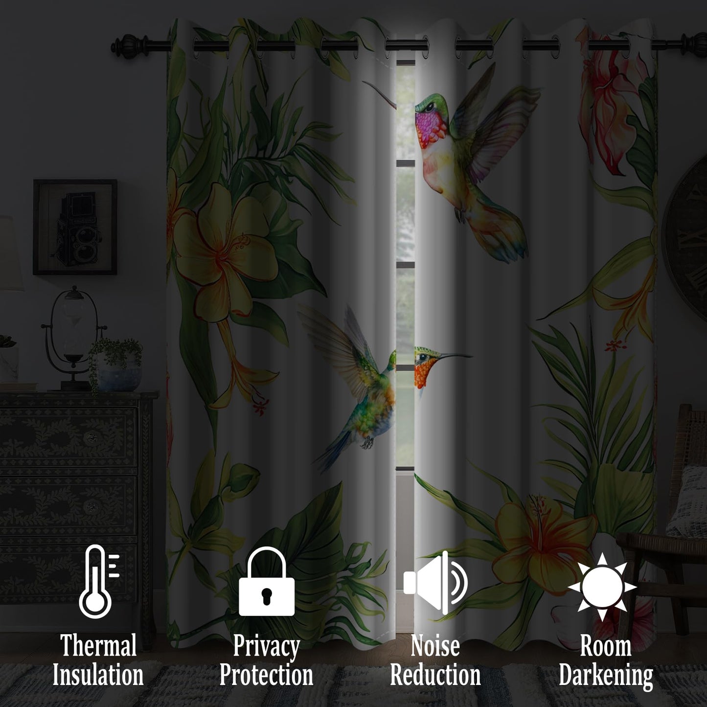 Renaiss Hummingbird Floral Blackout Curtains for Bedroom Watercolor Tropical Leaf Flower Bird Window Curtain Natural Plants Thermal Insulated Grommet Drapes for Living Room 2 Panels Set, 42x84 Inch