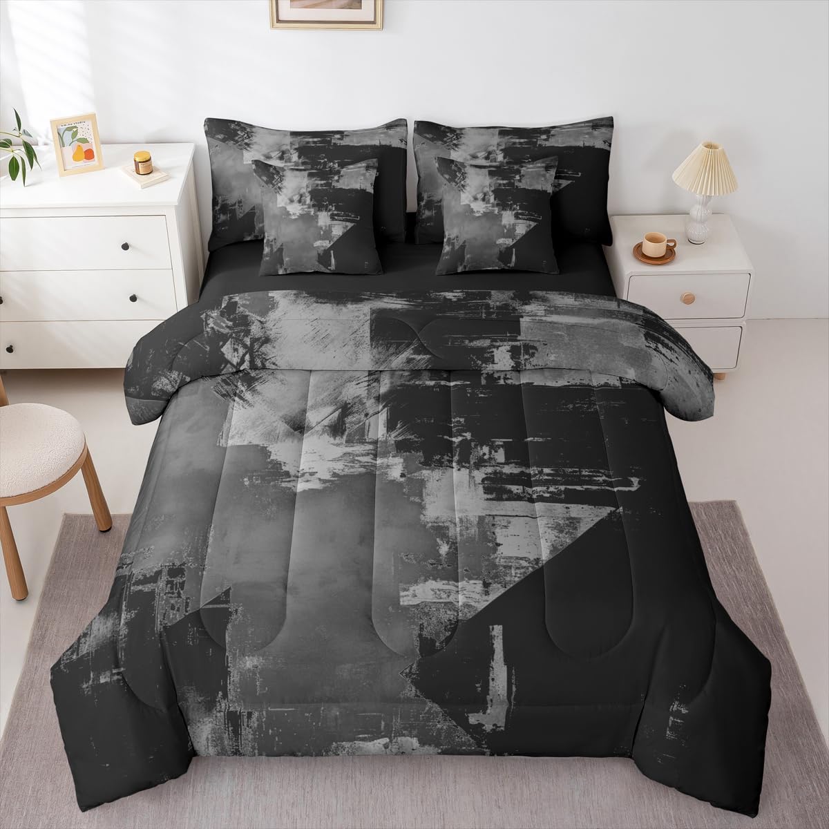 Feelyou Abstract Comforter Set with Sheets 7 Piece King Size Modern Abstract Art Bed in a Bag Kids Boys Girls Luxury Bedding Set Geometric Bedroom Decor Gray and Black Soft Lightweight Microfiber