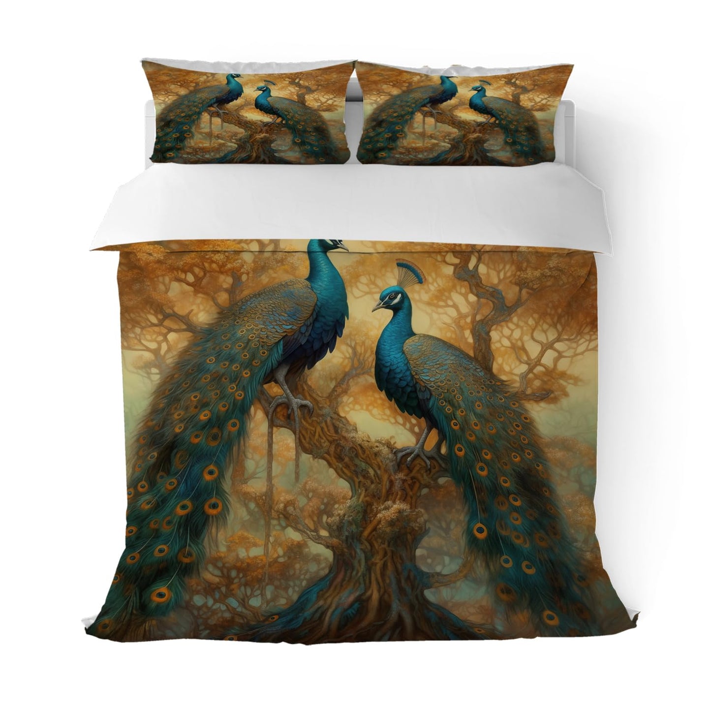 RICQLESC Peacock Duvet Cover and 2 Pillow, Beautiful Elegant Feather Wild Birds Animal Golden Tree Art Comforter Set, Kids Boys Girls Bedding 3 Pieces, King Size 104x90 inch