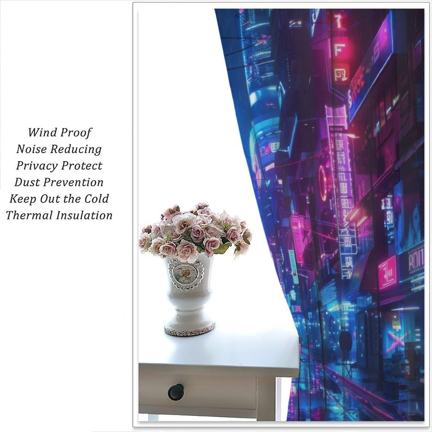 VUMIVI Cyberpunk Cityscape Curtains Neon Futuristic Urban Landscape Window Treatments for Gaming Room Sci-Fi Bedroom Tech Expo 42" W X 44.5" L