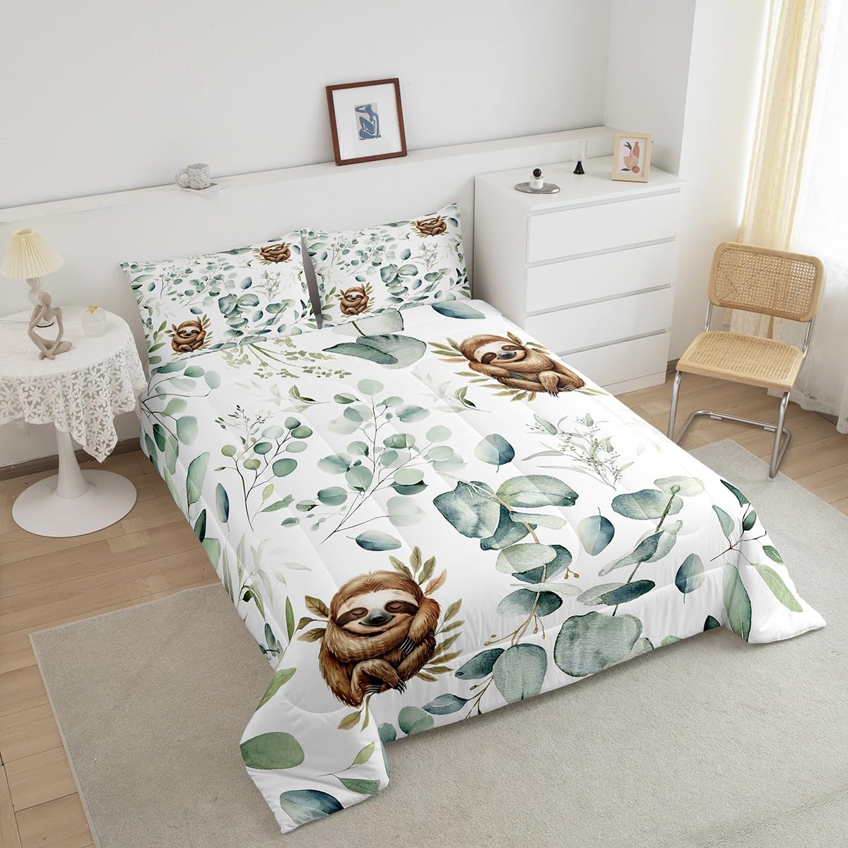 Erosebridal Girls Kawaii Animal Bedding Twin Size Cute Sloth Comforter Set Twin, Cartoon Wildlife Duvet Insert Green Leaf Quilt Comforter, Plant Bedding Comforters & Sets Child Kids Bedroom Decor