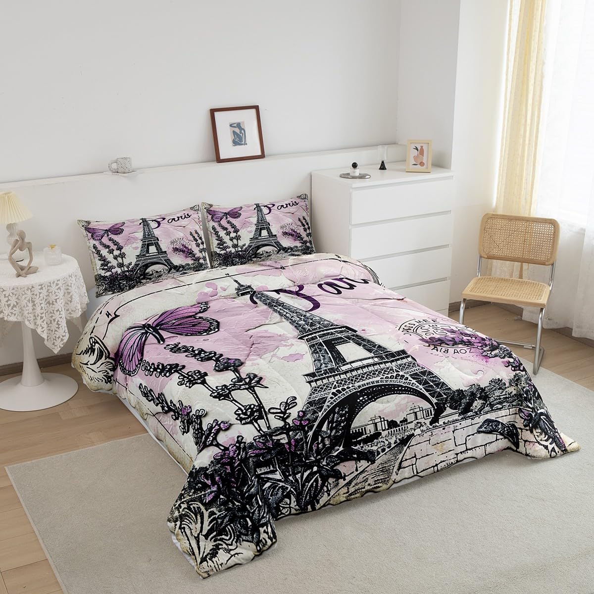 Purple Paris Eiffel Tower Comforter Set Queen Size,Butterfly Lavender Bedding Set for Kids Boys Girls Room Decor,Romantic French Style Duvet Insert 3Pcs,Floral Modern Luxury Quilt Set,2 Pillowcases