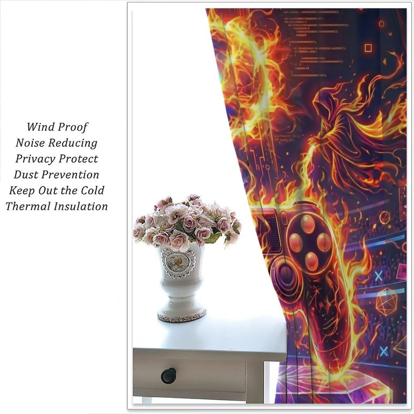 VUMIVI Gaming Curtains Cool Ice Fire Game Controller Cyberpunk Neon Dual-Core Duel Rod Pocket Window Treatments for Boys Bedroom Gamer Room Apartment Dorms Cafe 42" W X 44.5" L