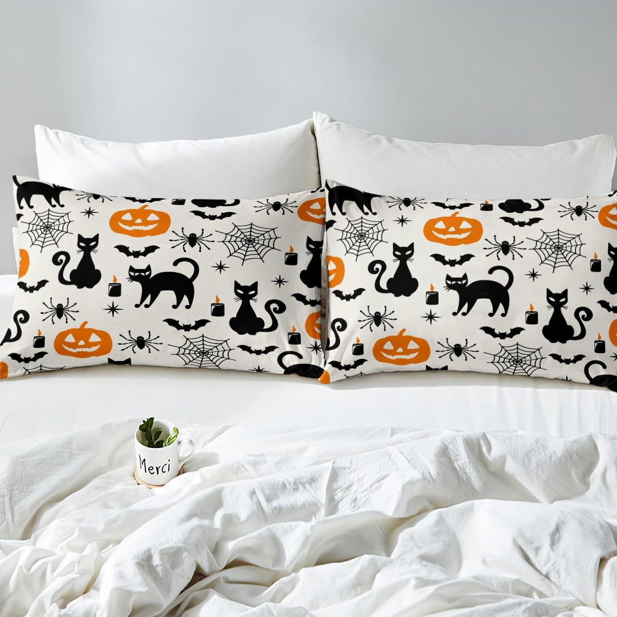 Feelyou Black Cat Halloween Decorations Sheets Set Twin Size Pumpkin Ghost Cats Bedding Set Toddlers Teens Adults Halloween Festival Themed Fitted Sheet Black Orange Bed Sheet Set