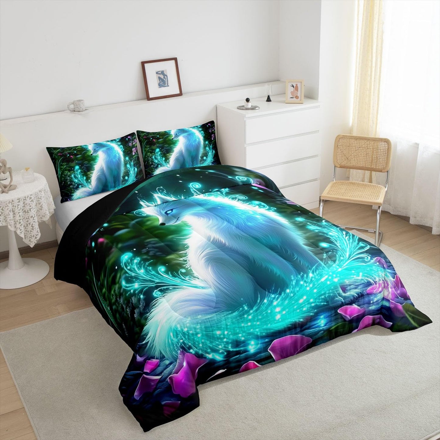 Feelyou Fox Comforter Set Twin Size Kids Cute Cartoon Fox Bedding Set for Boys Girls Teens Glitter Animal Comforter Breathable Woodland Fox Duvet Set Nature Wildlife Quilt Set