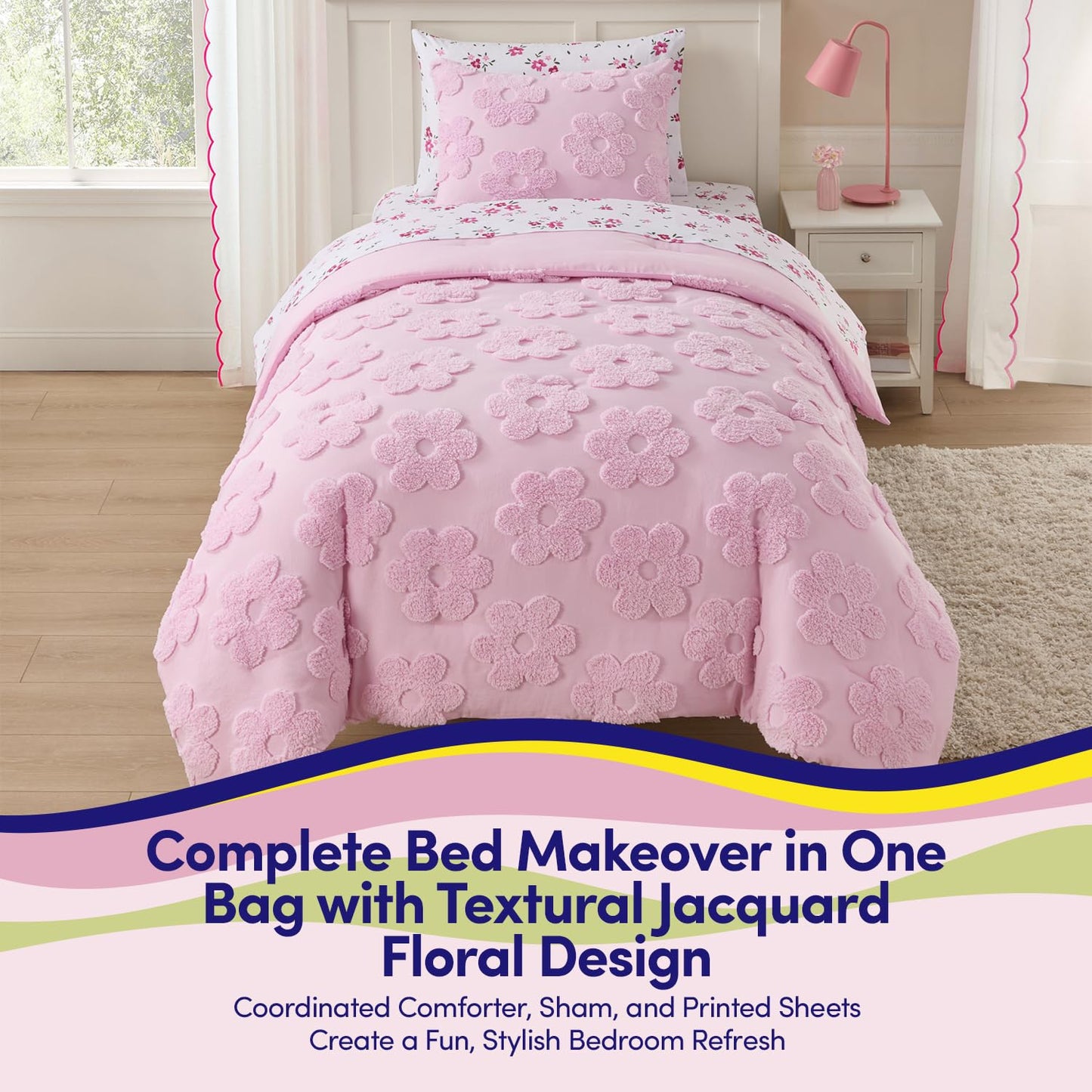 Kids Twin Size Bed in a Bag Tufted Comforter & Sheet Set – Complete Bedding Set with Corner Strap Fitted Sheet, Ultra Soft Lightweight All Season Comforter, Girls Bedroom, Dorm, Guest Room
