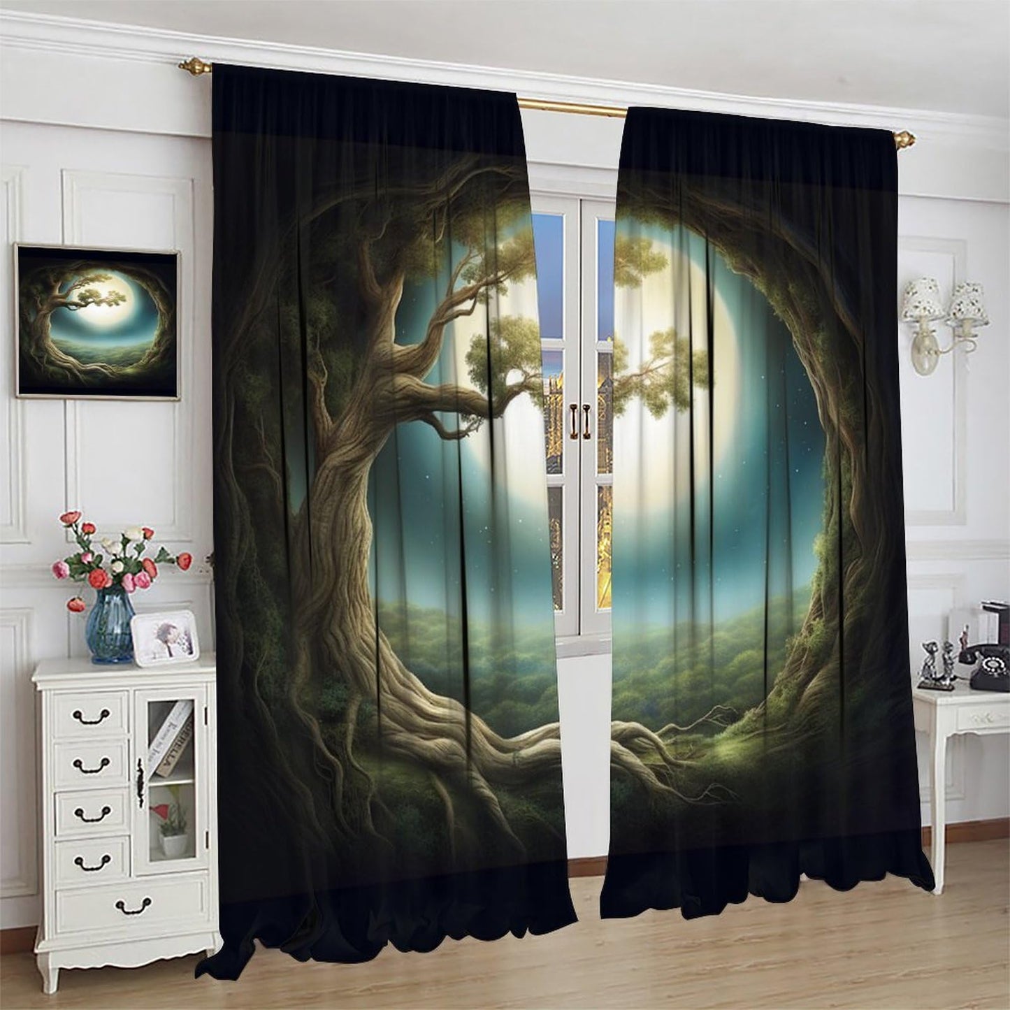 Fantasy Forest Blackout Curtains - Magic Forest Trees Trunk Bright Moon Stars Theme Print Grommet Dr for Kids Boy Girl Baby Bedroom Nursery Living Room Decor Window Drapes 2 Panels 42x45 Inch