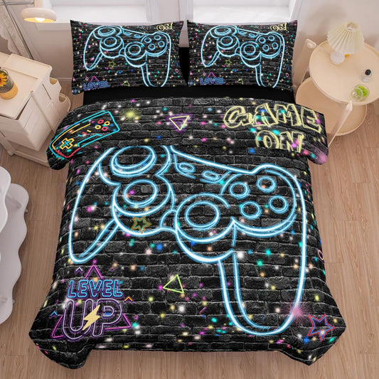 RUPSLO 5Pcs Gaming Comforter Set, Blue Lighting Effect 3D Gaming Contoller Themed Printing Gaming Bedding Sets for Kids Teen Boys,Twin Comforter Sets for Boys