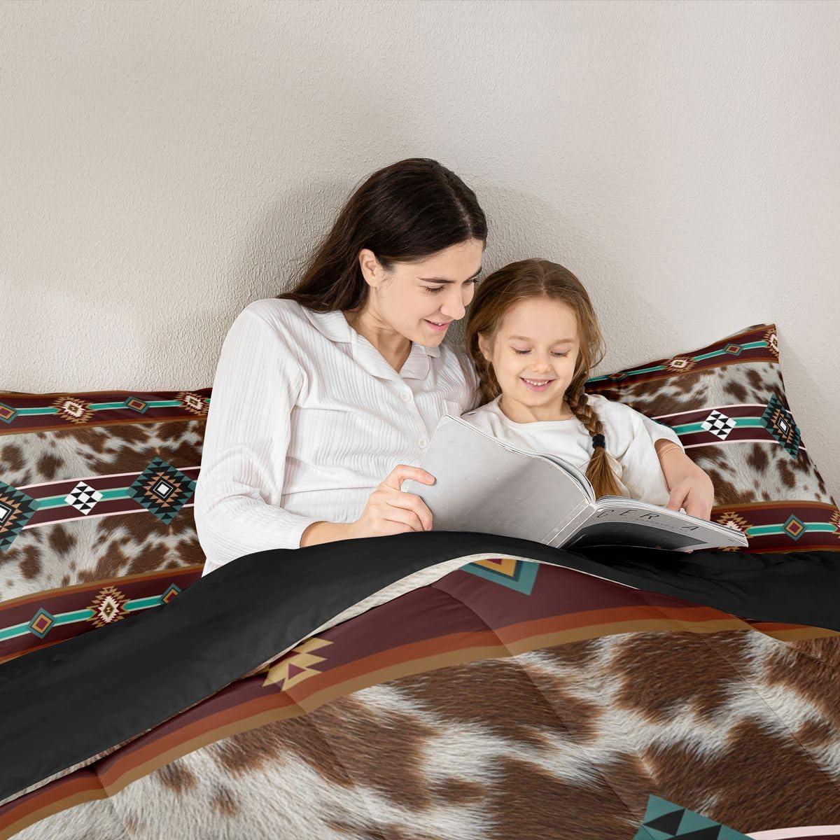 jejeloiu Cowhide Pattern Comforter Set All Season Cow Fur Print Bedding Set with 2 Pillow Cases Boho Geometric Microfiber Kids Queen Bedclothes Western Farm Animal Skin Bedroom Decor Duvet Quilt Soft