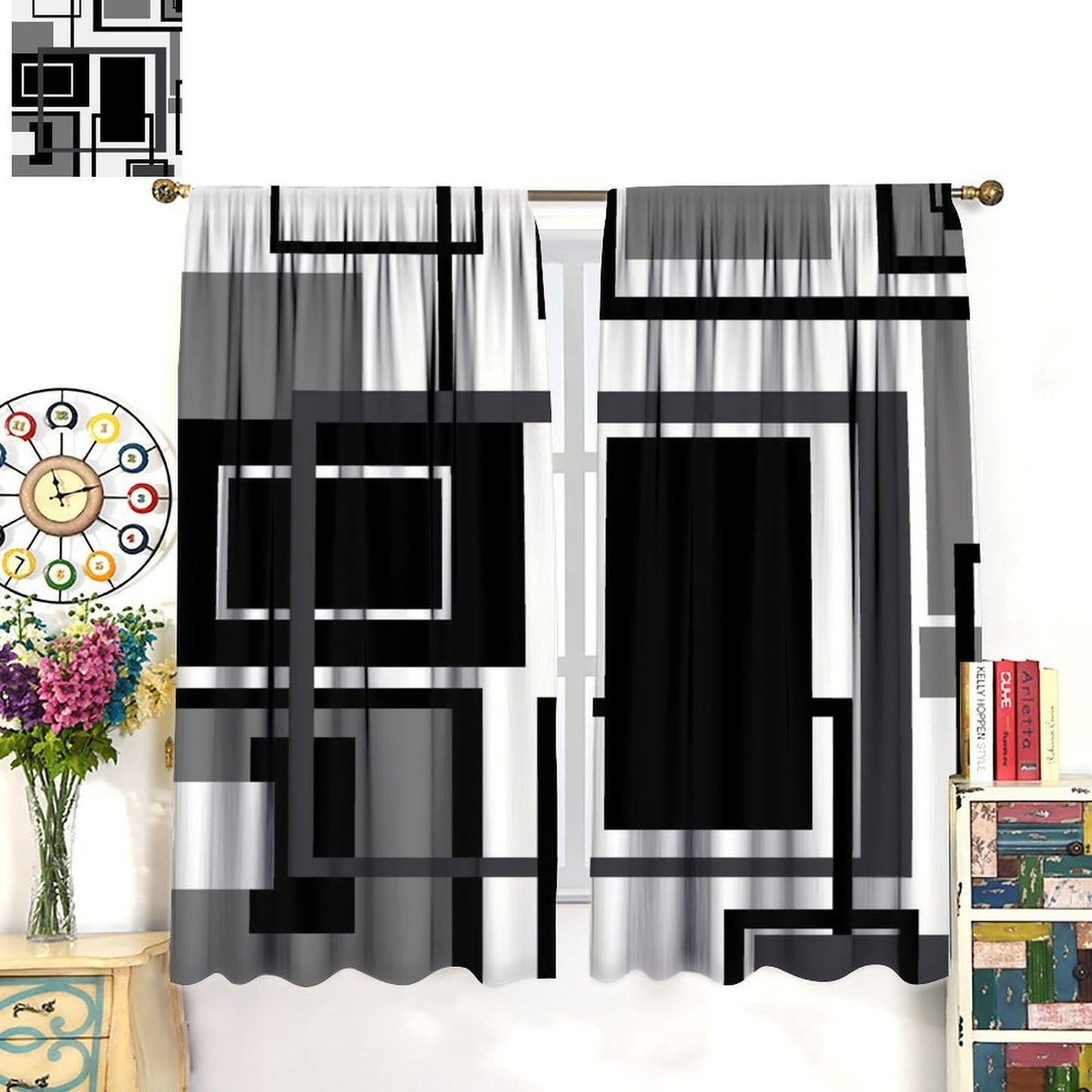 Black and White Curtains Modern Geometric Gray Abstract Black and Grey Blackout Rod Pocket Curtains for Bedroom Living Room Kitchen Decor Thermal Insulated Window Drapes 2 Panel Set 42x45 Inch