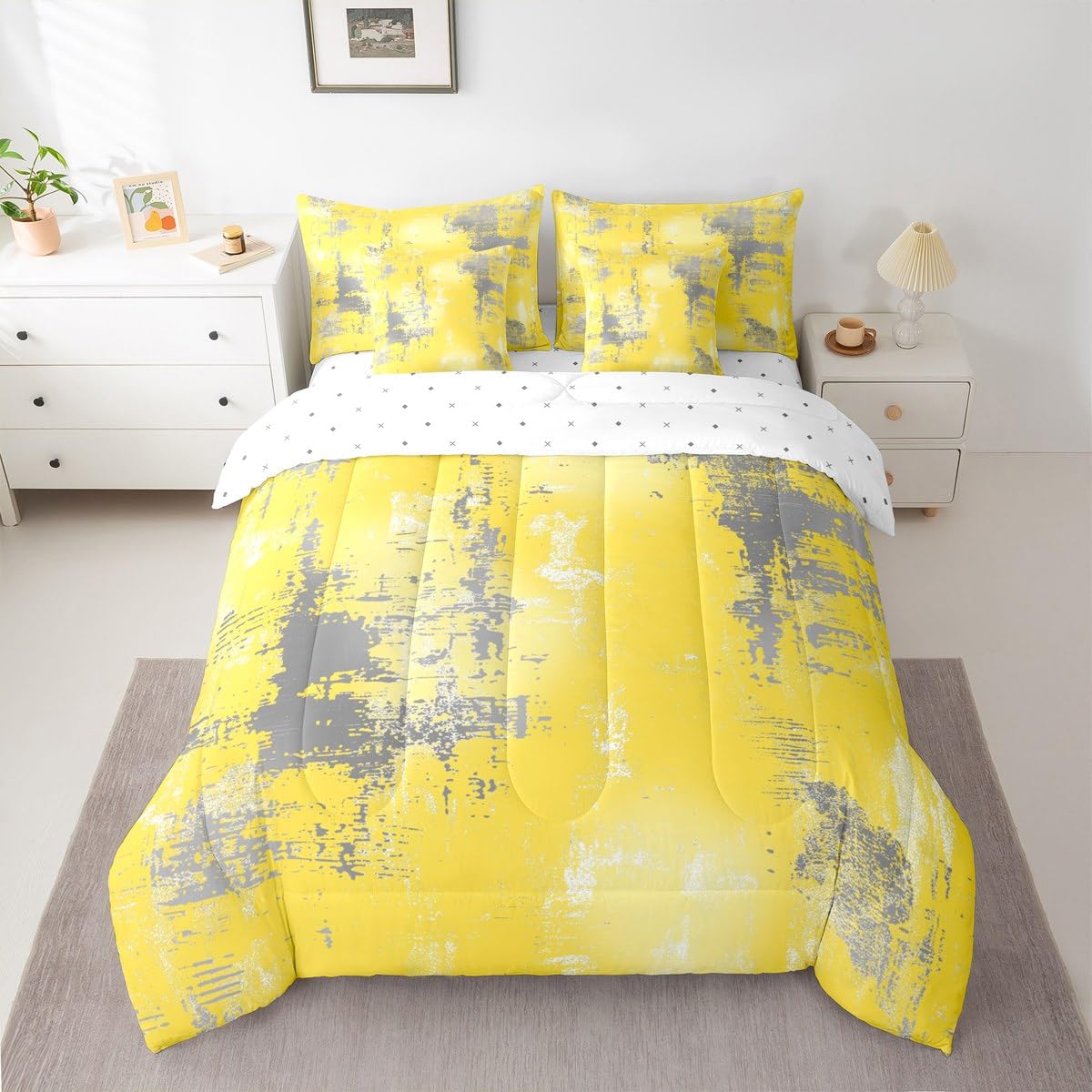 Feelyou Abstract Queen Comforter Set with Sheets for Kids Boys Girls Modern Abstract Art 7 Pieces Bedding Set Yellow Gray Bed in a Bag Luxury Room Decor Geometric Soft Lightweight Microfiber
