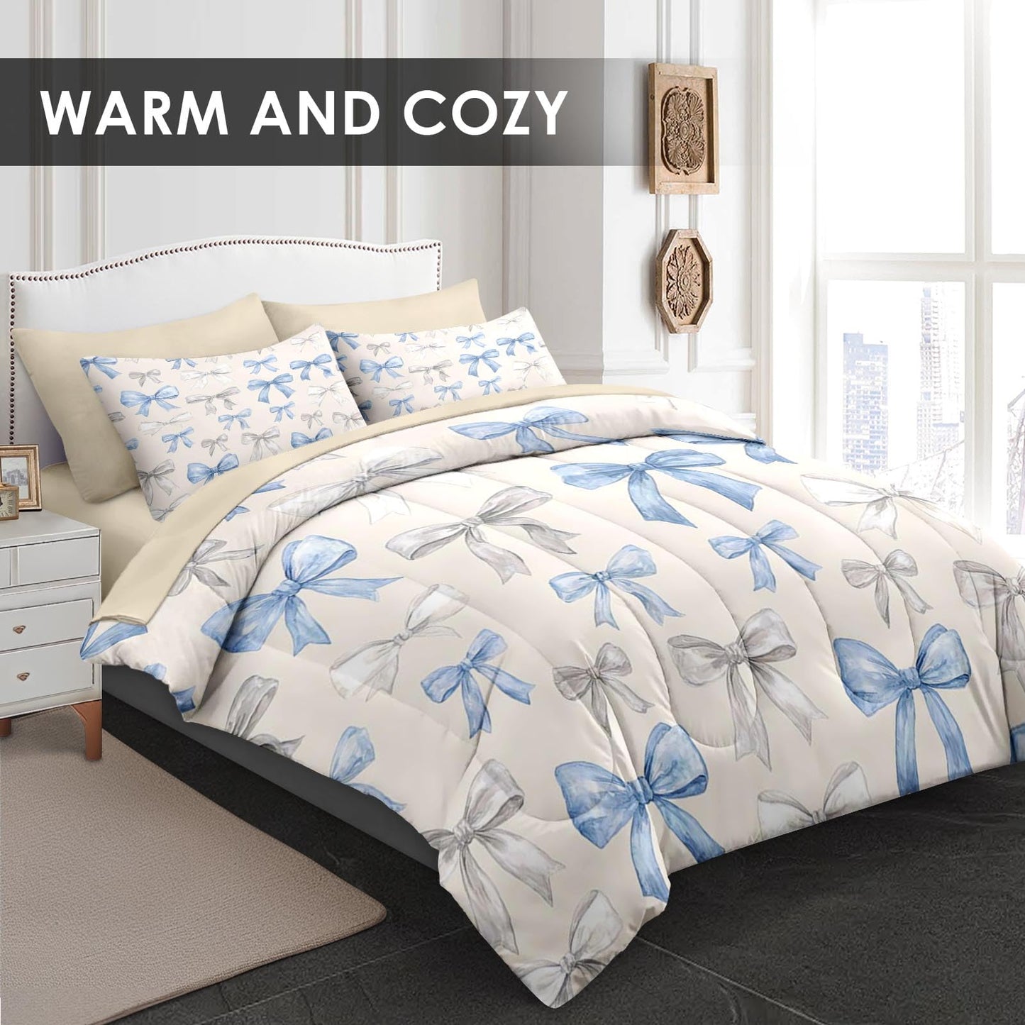 WeCozy 5 Pcs Twin Size Comforter Set with Pillowcase & Sham, Bow Coquette Blue Bedding Set for Kids and Adults, Preppy Girly Bed in a Bag with Flat Sheet and Fitted Sheet