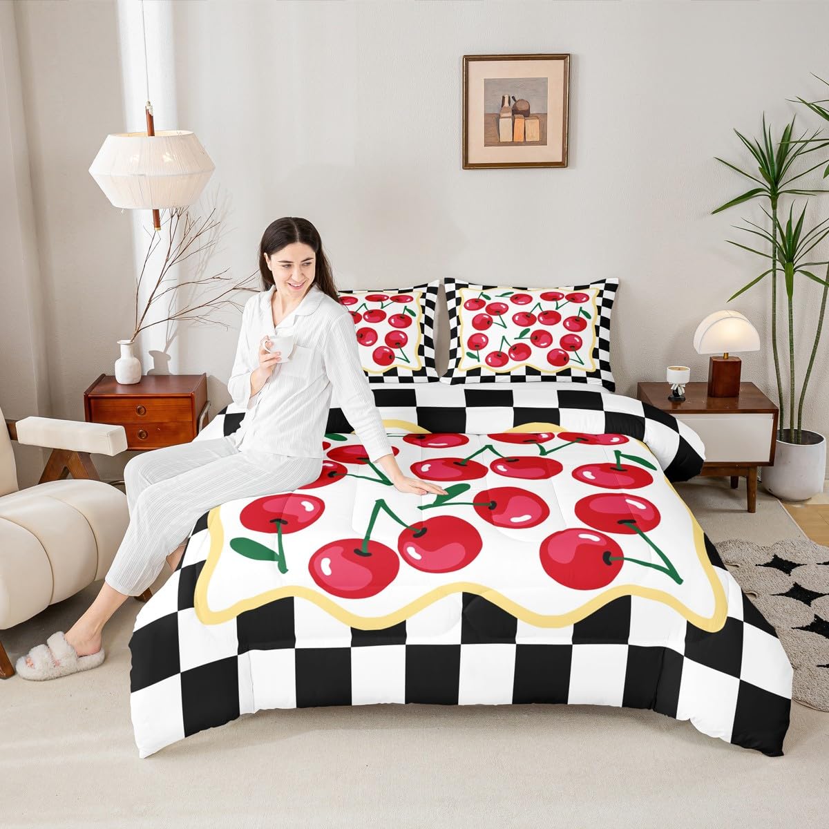Cartoon Cherry Kids Comforter Set Twin Size,Geometric Checkerboard Plaid Patchwork Bedding Set,Girls Princess Room Decor,Tropical Fruit Summer Down Comforter,Red Black Duvet Insert,1 Pillowcase