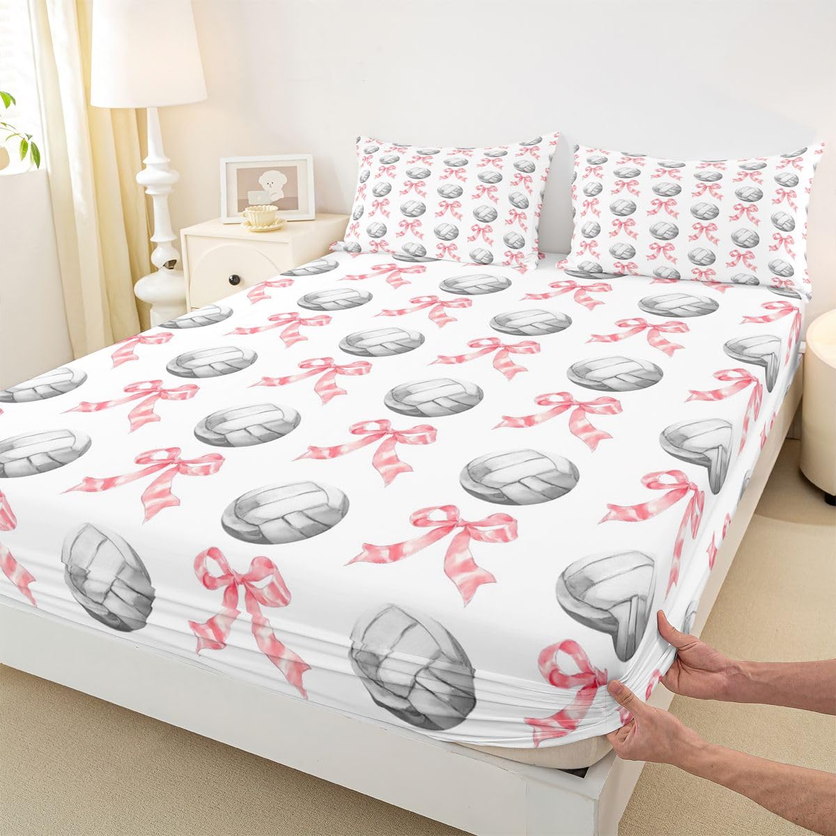 Castle Fairy Pink Bowknots Fitted Sheet Queen Size (No Flat),Cartoon Volleyball Bedding Sets 3Pcs,Girls Boys Adult Room Decor,Sports Theme Bed Cover Cute Kawaii Deep Pocket Sheet,2 Pillowcases