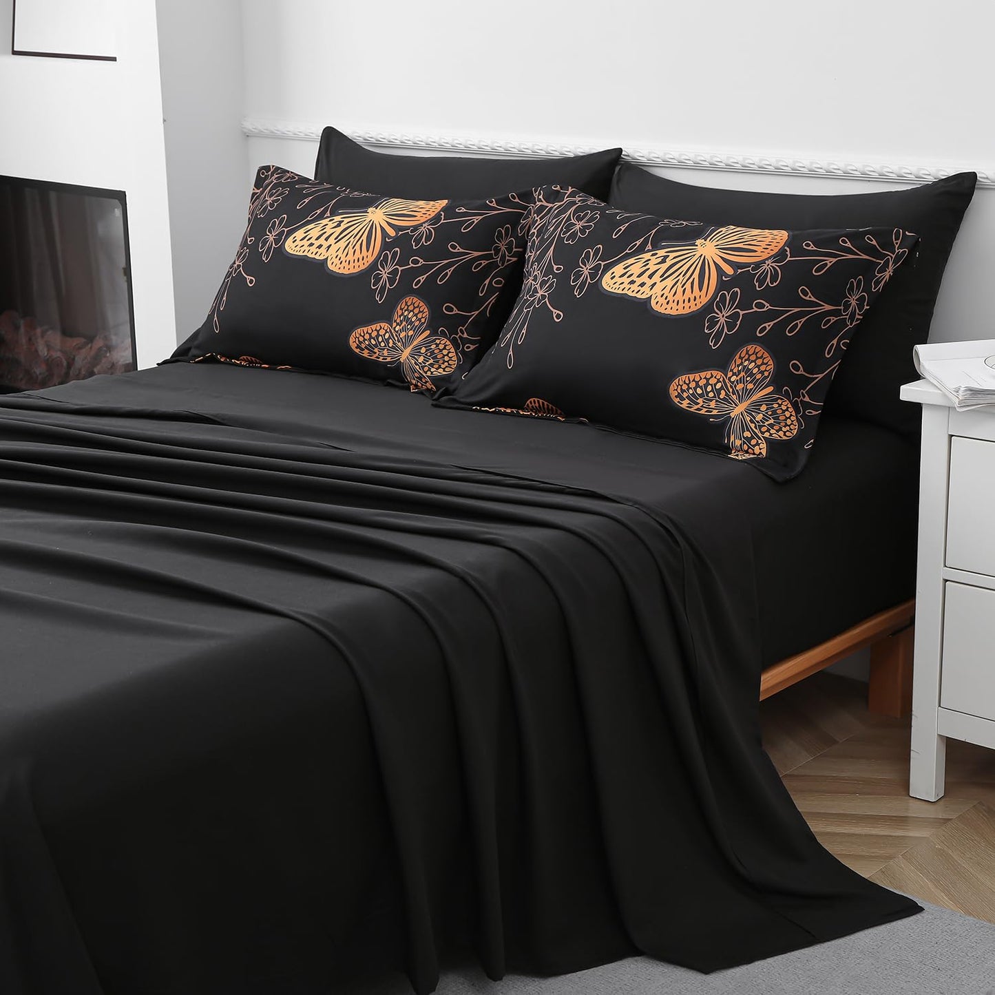 Yogeneg 7 Piece Bed in a Bag Queen Size Comforter Set Black Bedding Set,Gold Butterfly Leaves Printed on Black Reversible Design,Soft Microfiber Comforter with Sheet Set,All Season(Butterfly,Queen)