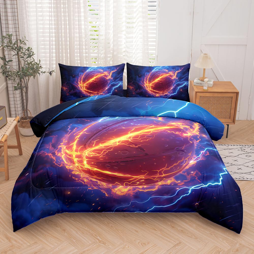 RUPSLO 5 Pieces Basketball Comforter BeddingTwin,Fire and Ice Basketball Theme Sports Comforter Set Twin,Boys Basketball Bed Set with Sheets(Blue)