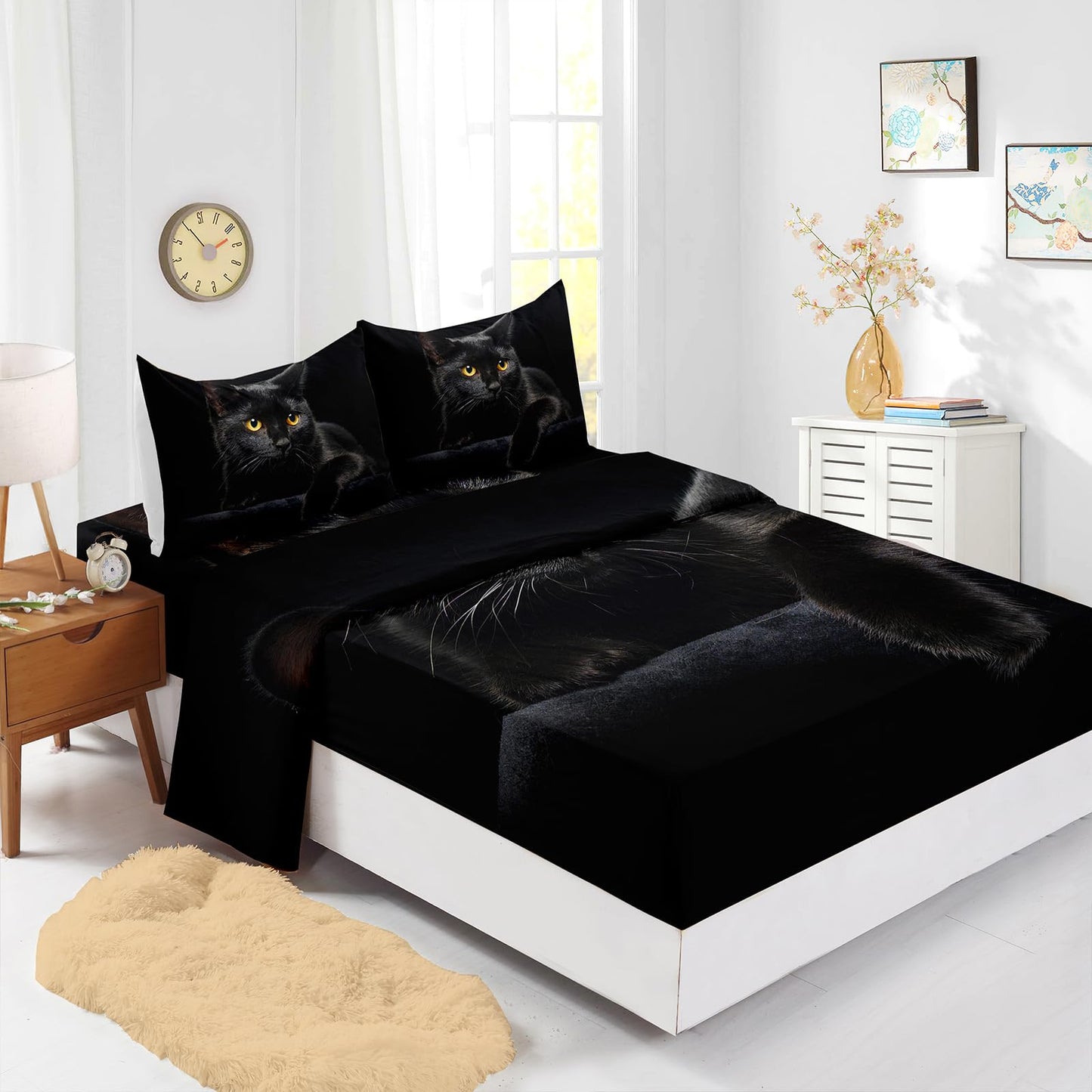 Nttopship Black Cat 4 Pieces Bed Sheets Soft Microfiber,Bedding Set Fitted Sheet Deep Pockets Top Flat Sheet Room Decor Animals Queen Size with 2 Pillowcases for Girls and Boys