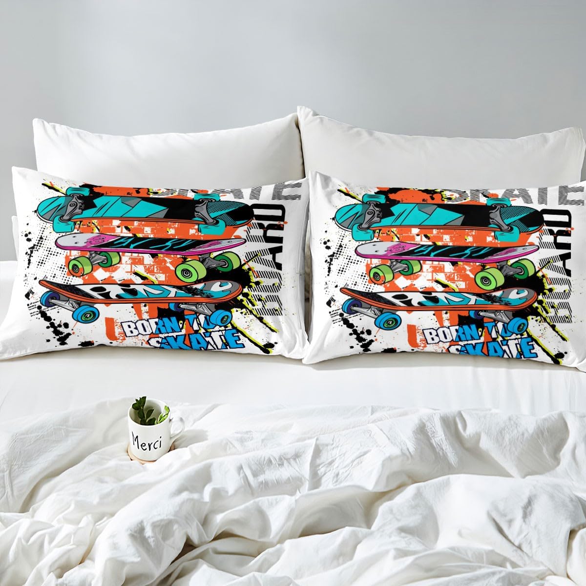 Teens Skateboard Bedding Set Boys Hipster Graffiti Style Comforter Cover for Kids Children Extreme Sports Theme Duvet Cover Cool Skate Board Bedspread Cover Room Decor With 2 Pillow Case Queen Size
