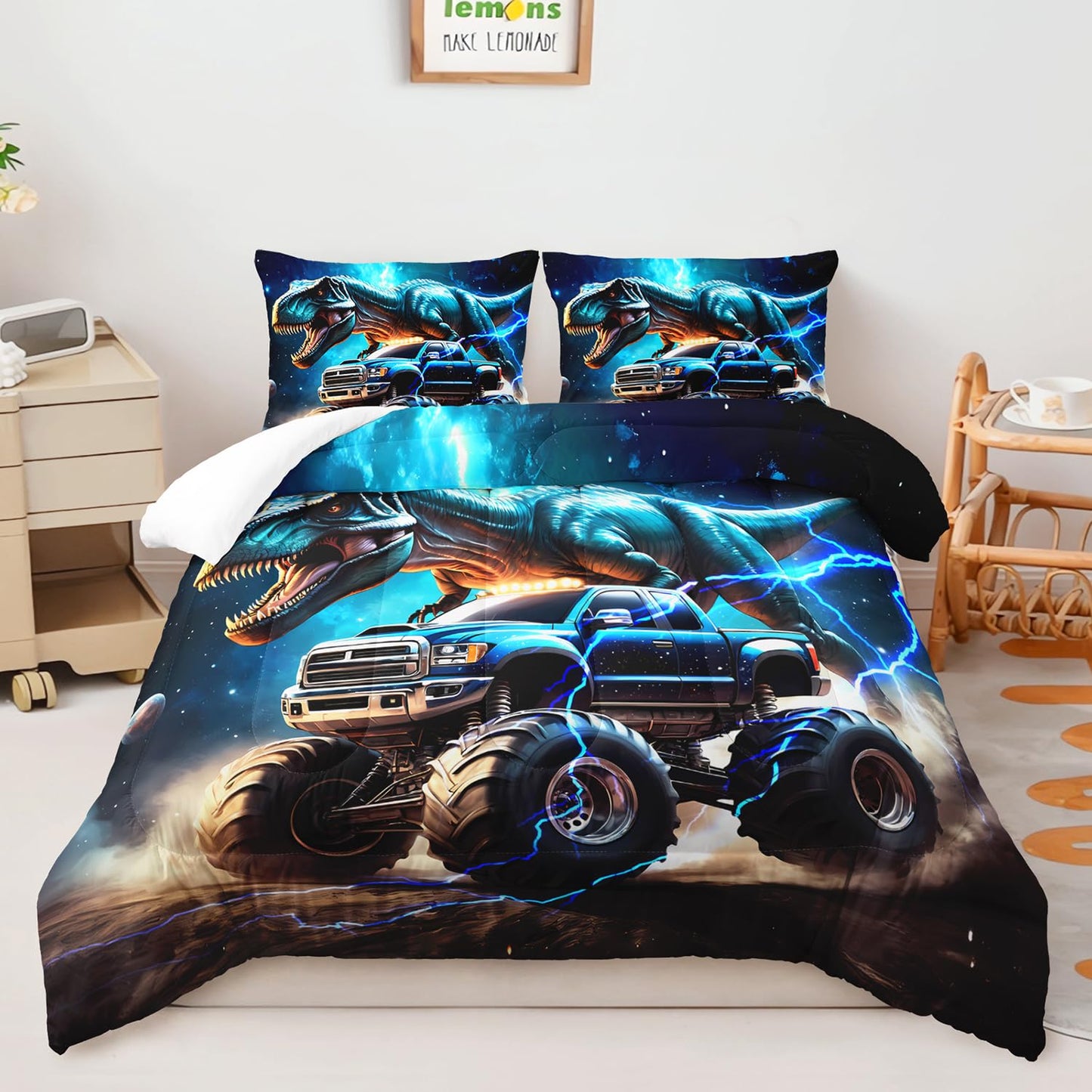 AILONEN Kids Dinosaur Comforter Monster Truck Bedding Twin Size,3D Space Galaxy Dinosaur Comforter Set,Monster Bedding for Boys,3-Piece,1 Comforter + 2 Pillowcases