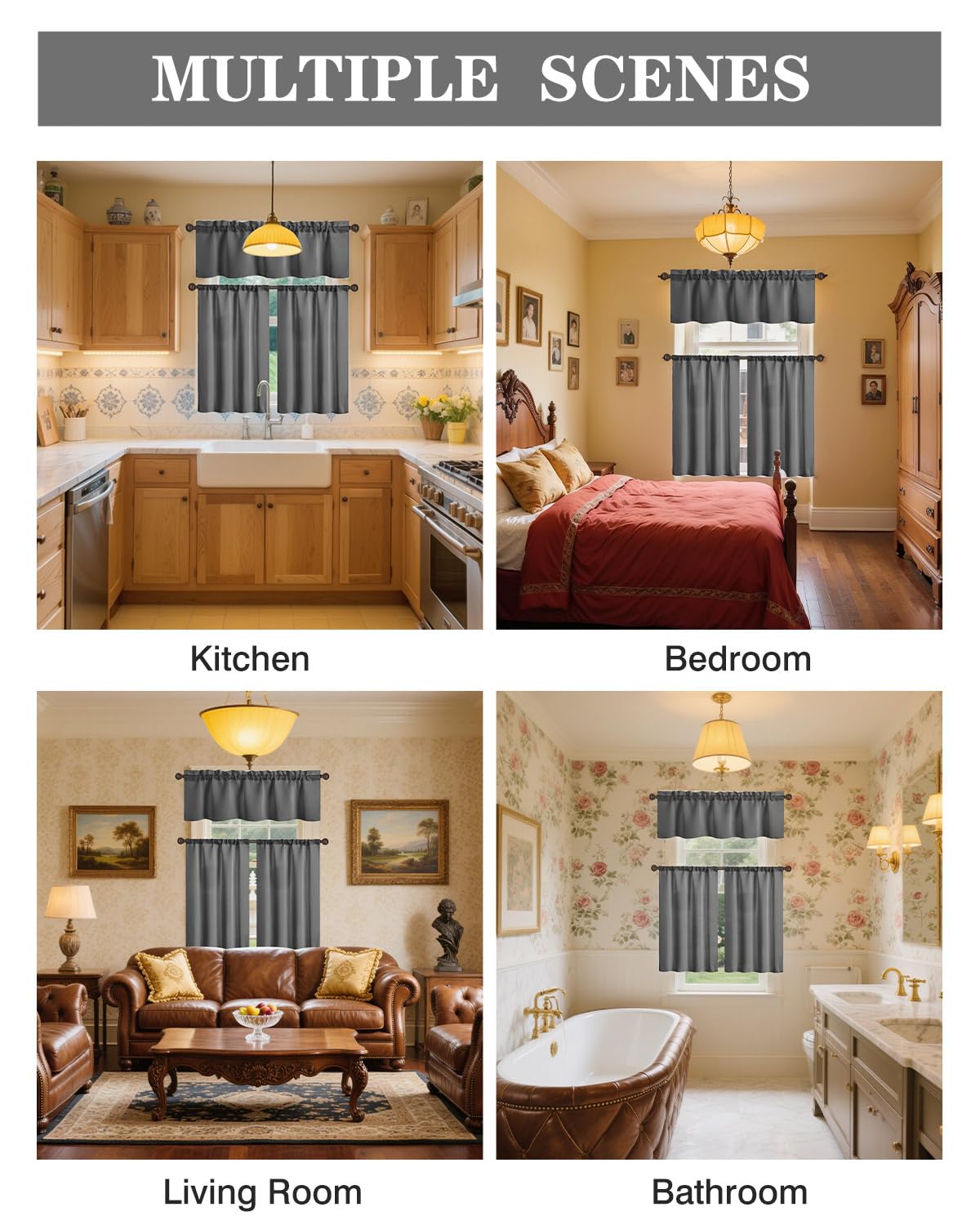 Easy Home 3 Piece Solid Color Blackout Window Curtain Set with Tiers and Valance Rod Pocket Thermal Privacy Curtain Tiers for Kitchen, Living Room, Bathroom Shades, W27 x L36 Inch,(Dark Gray)