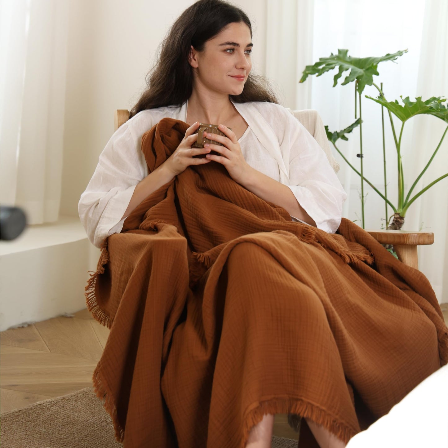 MooMee Muslin Blanket - 100% Cotton 4-Layer Gauze Throw Blanket with All-Around Fringe, Soft Breathable Lightweight Cooling Summer Blankets for Bed Couch (Drak Orange,Queen 90" x 90")