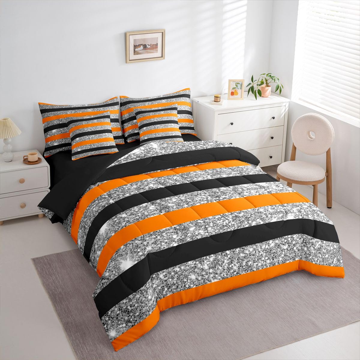 Feelyou Orange Black Comforter Set with Sheets 7 Piece Full Size Stripes Bed in a Bag Kids Boys Girls Glitter Bedding Set Geometric Bedroom Decor Breathable Soft Lightweight Microfiber