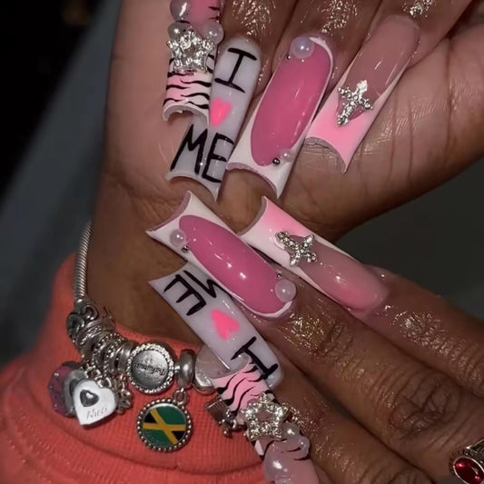 MISUD Press on Nails - Extra Long Square Fake Nails with Pink White, Acrylic Y2K Charms Design 24 pcs